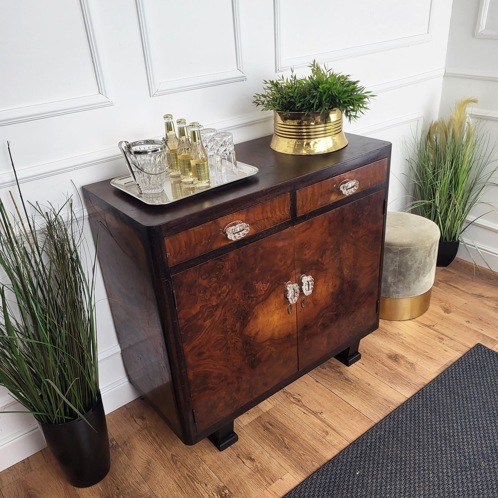 1940s Italian Art Deco Midcentury Modern Walnut Burl Brass Sideboard Credenza photo Furniture
