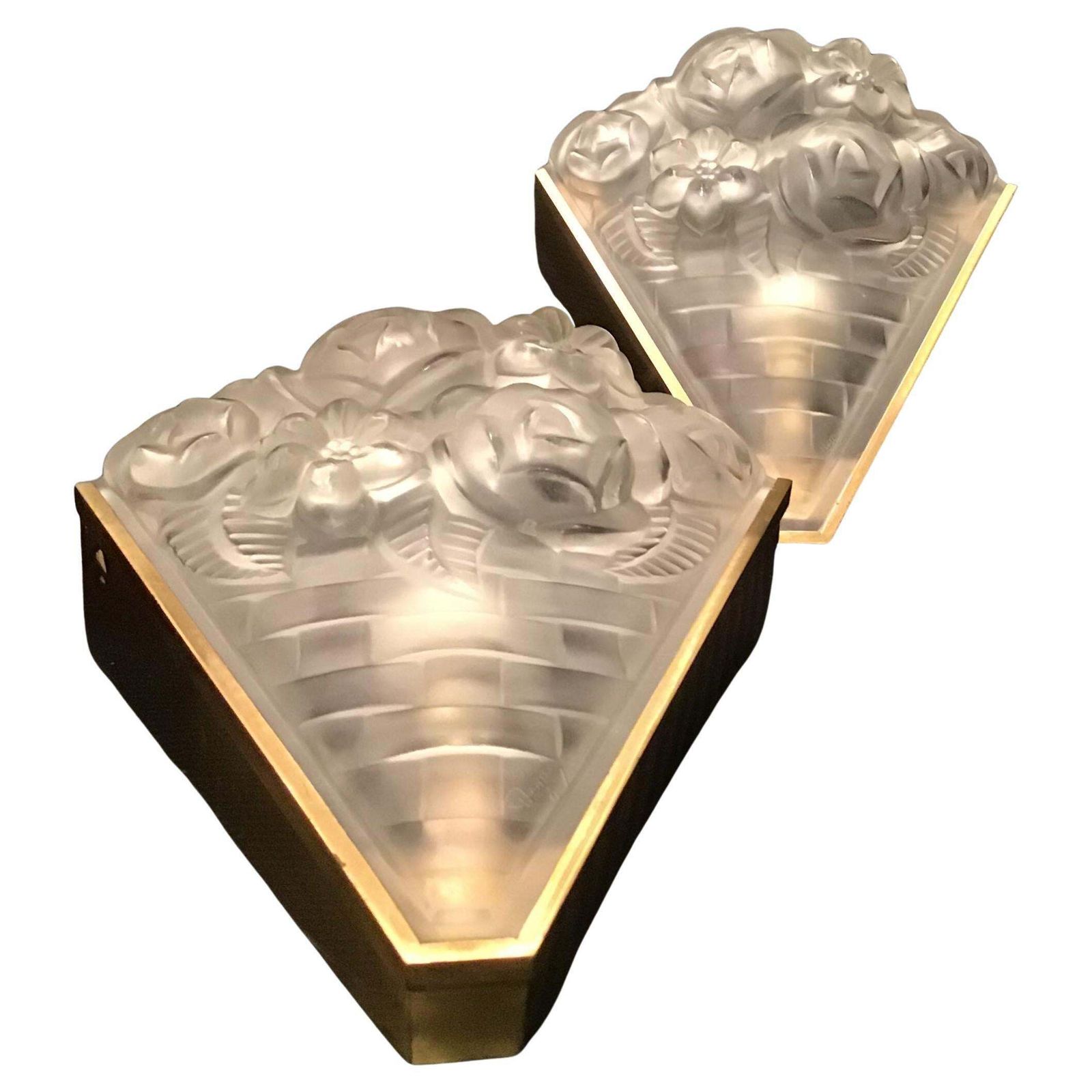 Degue' Pair Of French Wall Lights 1930s Frosted Glass Metal Chrome France