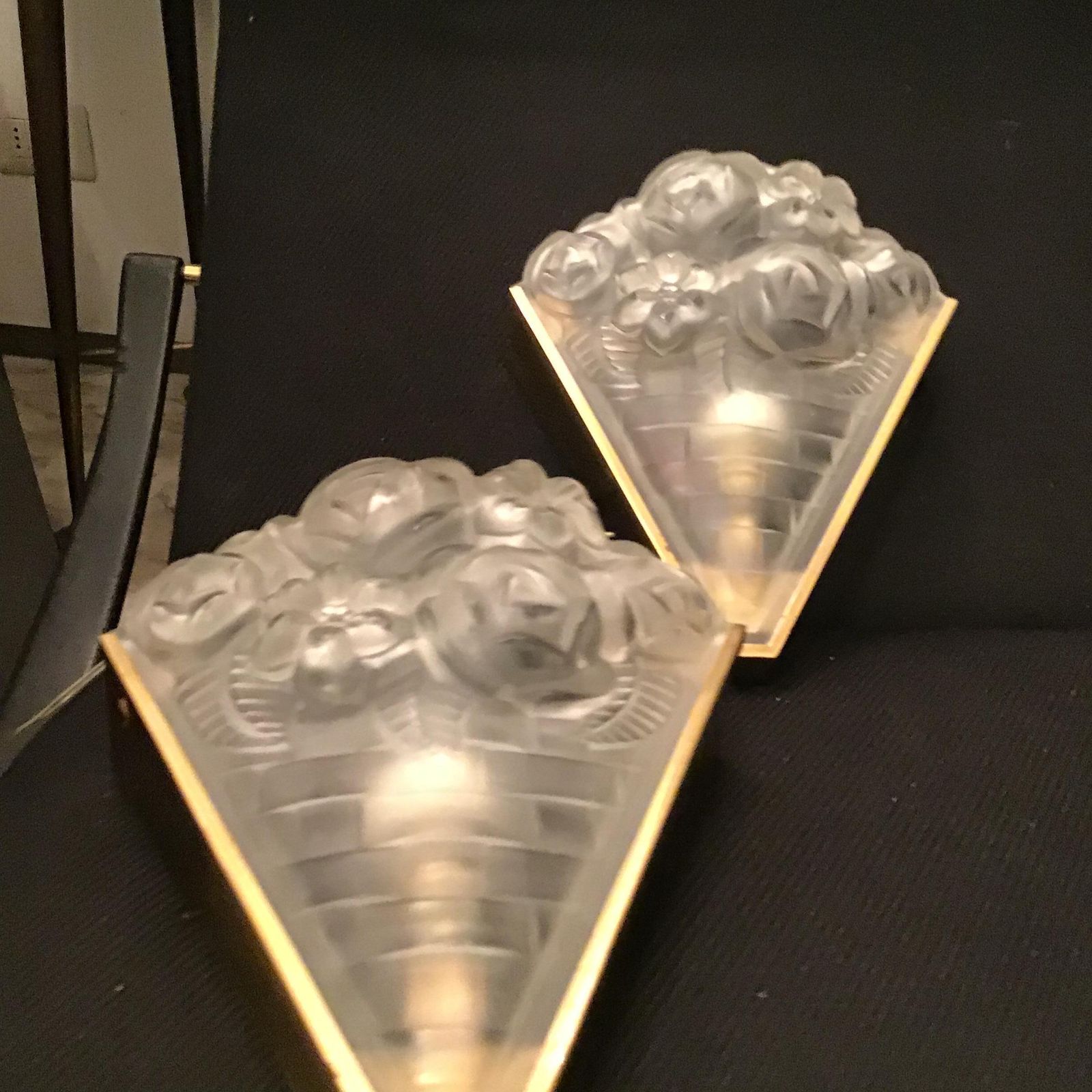 Degue' Pair Of French Wall Lights 1930s Frosted Glass Metal Chrome France photo vinterior