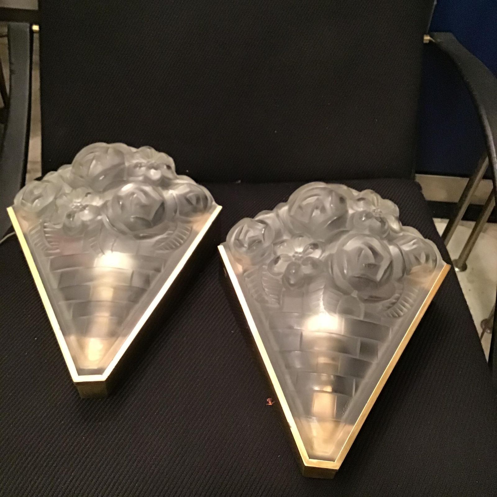 Degue' Pair Of French Wall Lights 1930s Frosted Glass Metal Chrome France photo buy