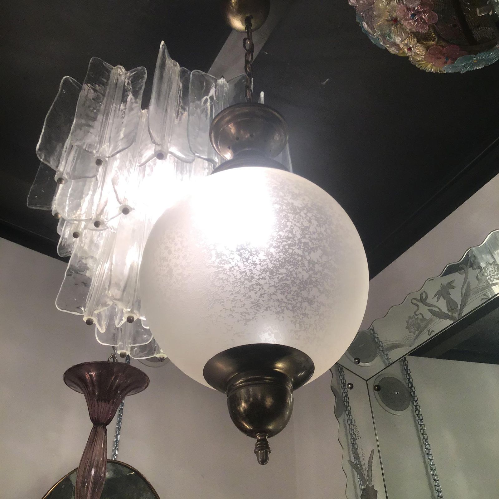 Azucena Luigi Caccia Dominioni Couple Chandeliers Acidate Glass Metal Crome 1950s photo furniture