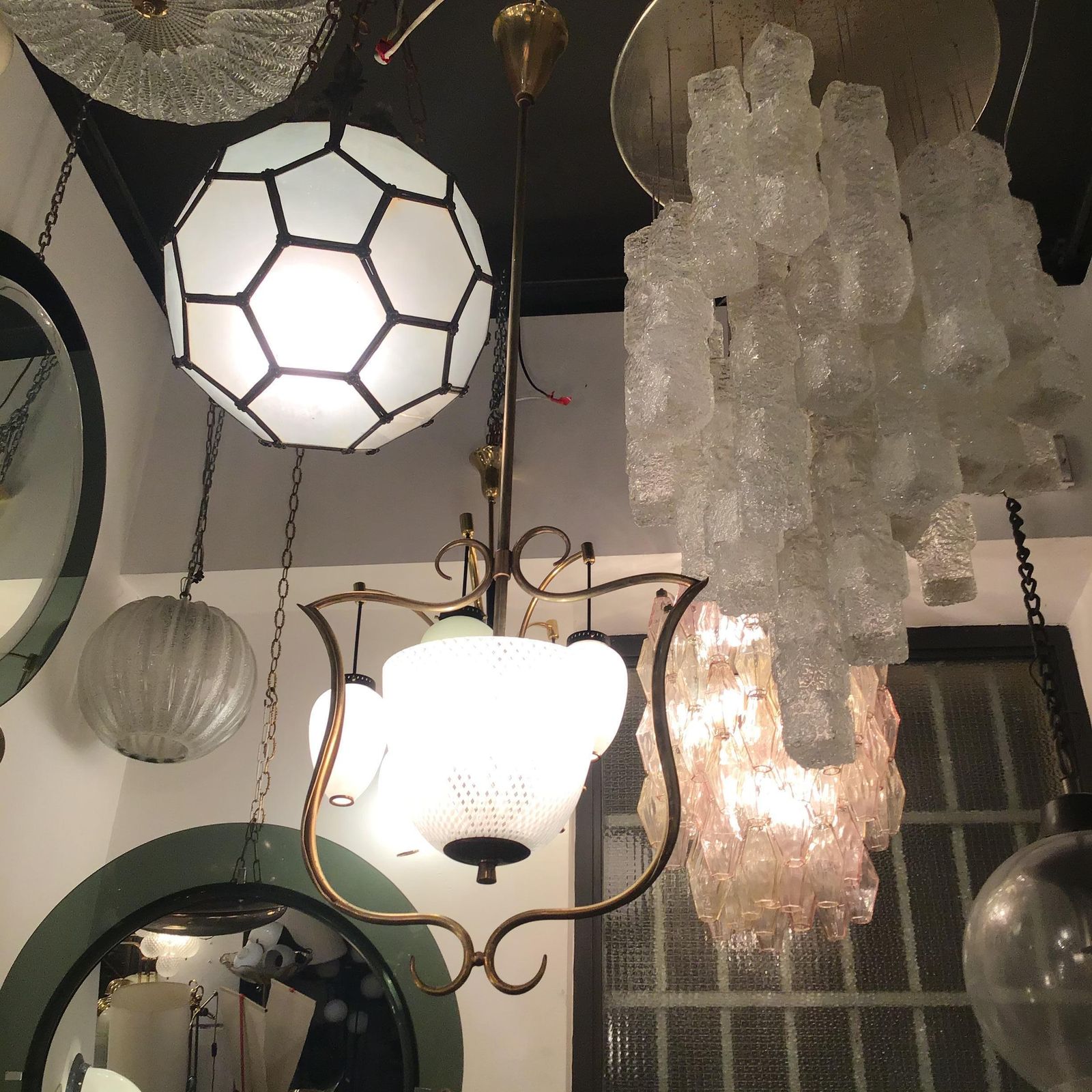 photo for sale Venini Chandelier Filigrana Brass Murano Glass 1930 Italy