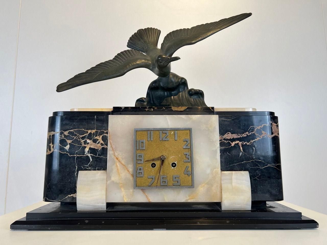 photo furniture Art Deco Mantel Clock With Bird Sculpture, Marble, France Circa 1930