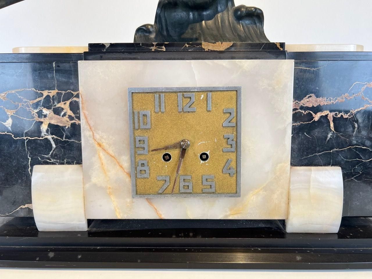 photo for sale Art Deco Mantel Clock With Bird Sculpture, Marble, France Circa 1930