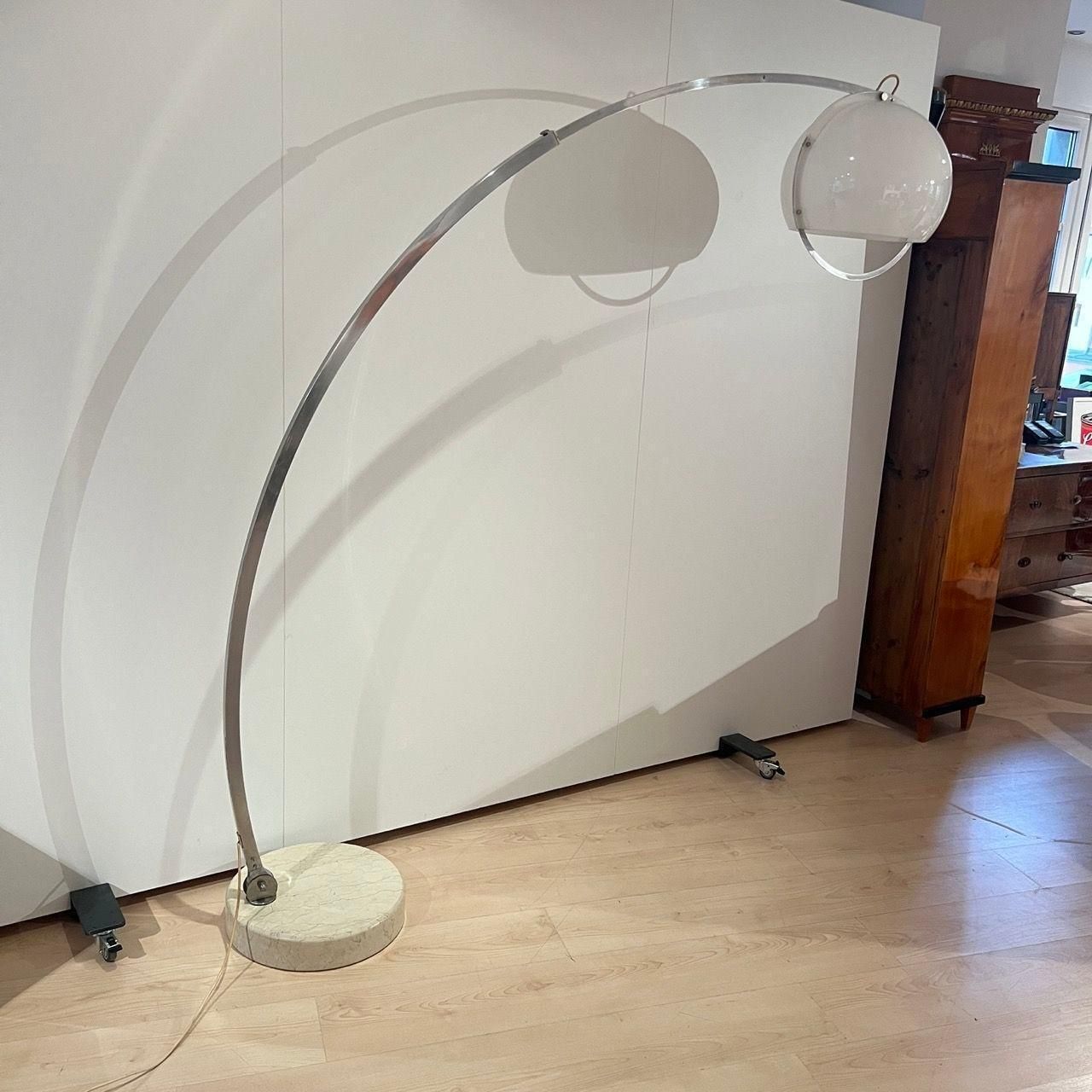 Arc Floor Lamp By Guzzini, Aluminum, Travertine, Italy Circa 1970 photo for sale