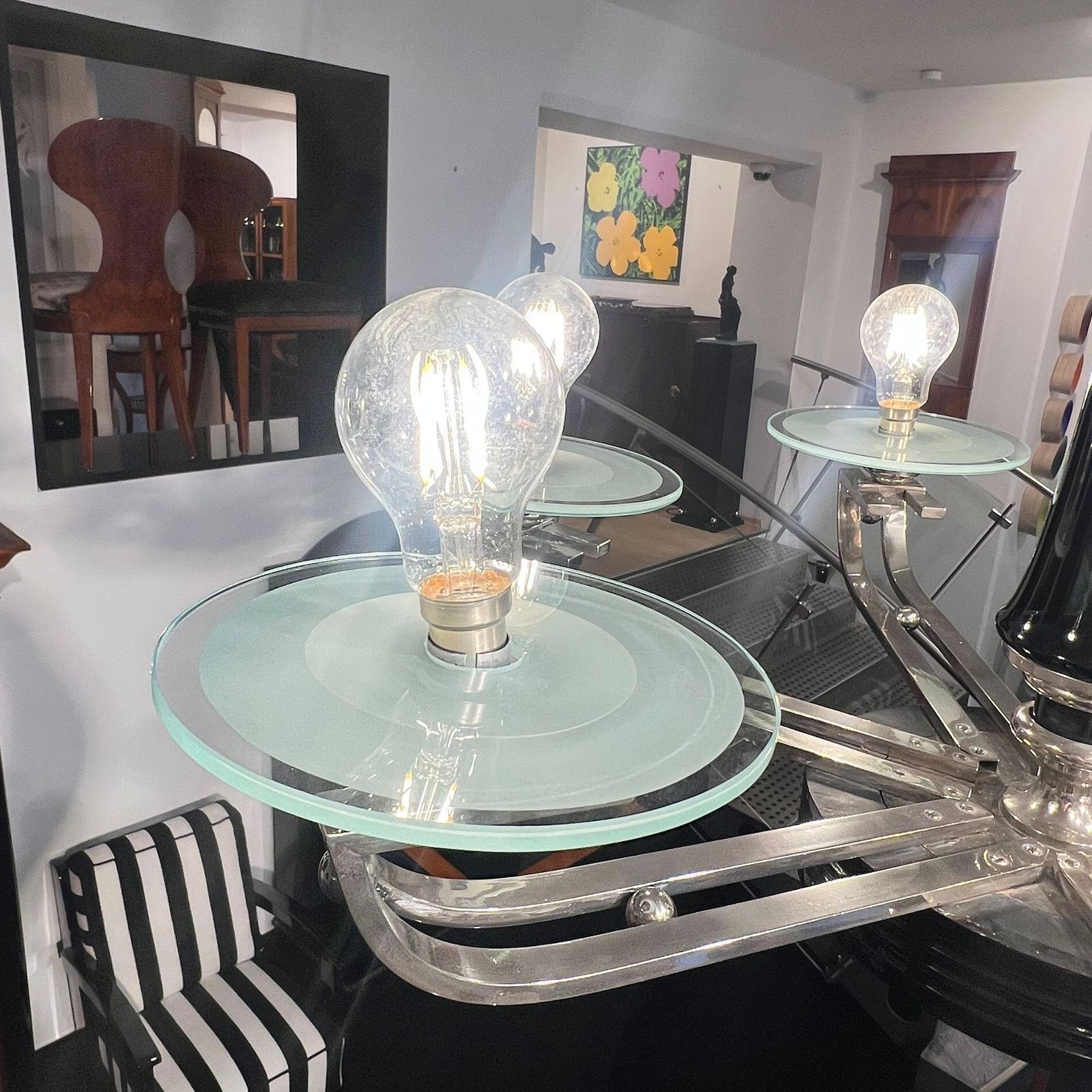 photo vintage Art Deco Chandelier, Black Lacquer, Chrome, Glass, France Circa 1930