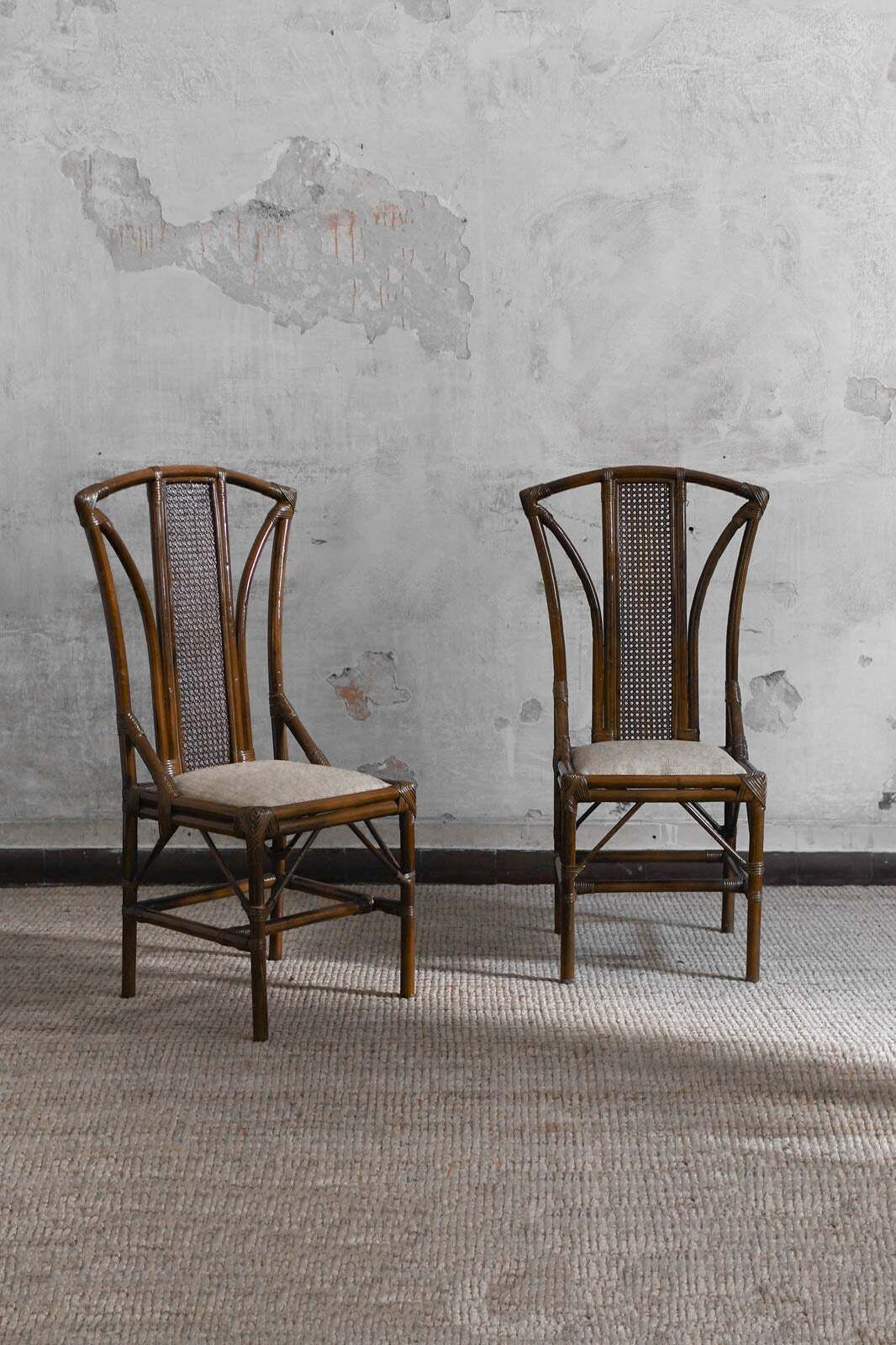 Pair Of Bamboo And Vienna Straw Chairs, Hazelnut Finish With Wicker Seat, 1970s