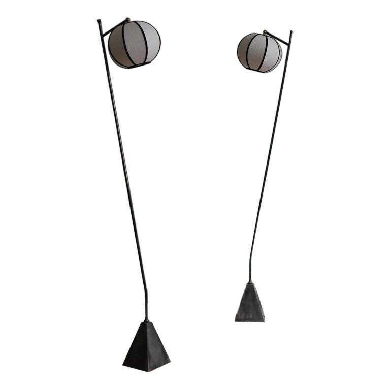 Pair Of “Lanterna” Floor Lamps With Iron Frame And Spherical Fabric Lampshade