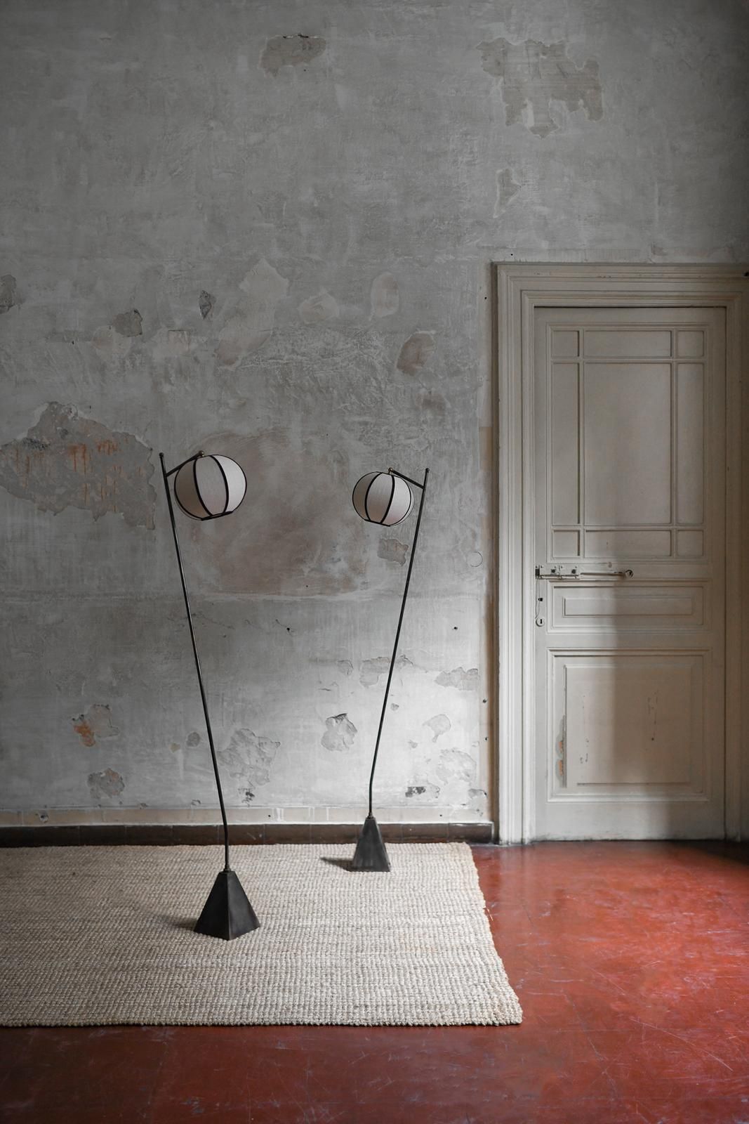 Pair Of “Lanterna” Floor Lamps With Iron Frame And Spherical Fabric Lampshade photo furniture