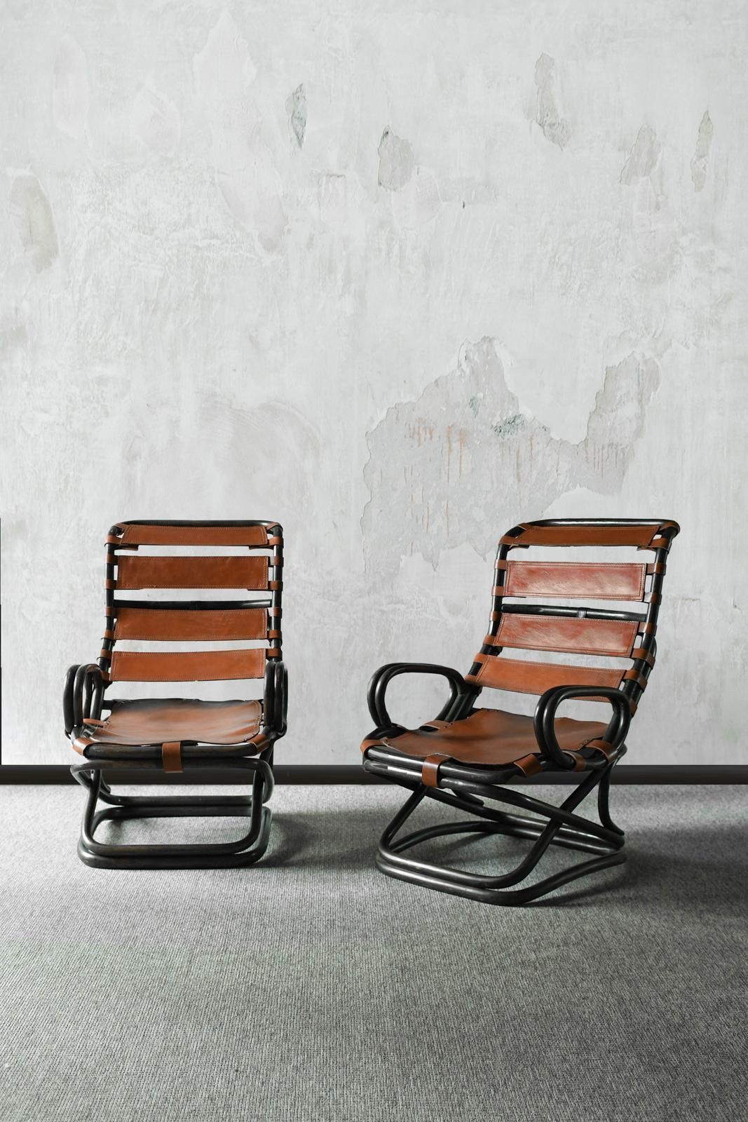 Pair Of Tito Agnoli Bamboo Armchairs With Leather Strap Seats, Italy 1960 photo furniture