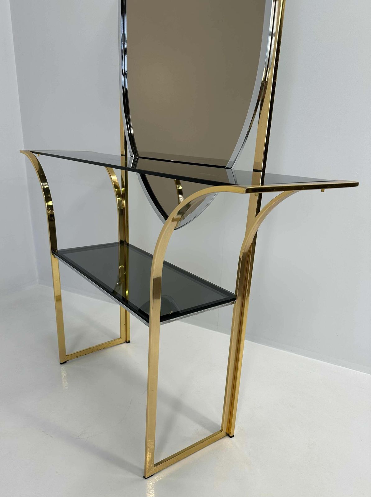 Italian Curved Brass And Chromed Console, 1970s photo Furniture
