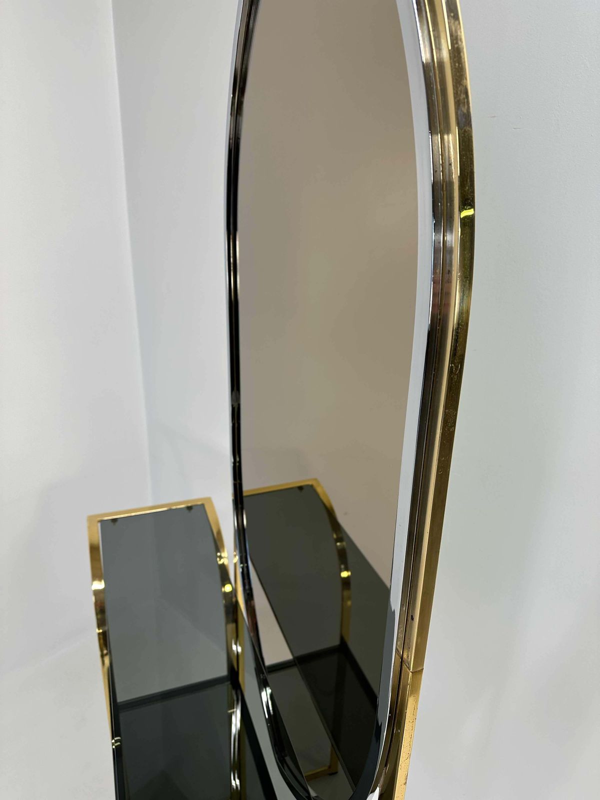 Italian Curved Brass And Chromed Console, 1970s photo vinterior