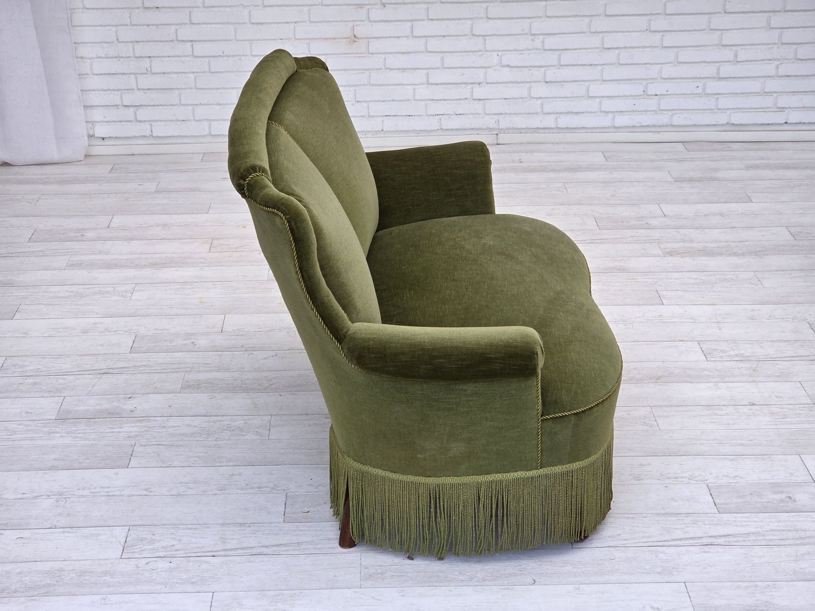 1960s, Danish 2 Seater Sofa, Original Green Furniture Velour, Beech Wood Legs. photo for sale