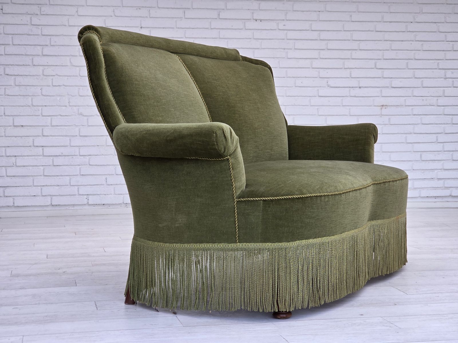 1960s, Danish 2 Seater Sofa, Original Green Furniture Velour, Beech Wood Legs. photo Furniture