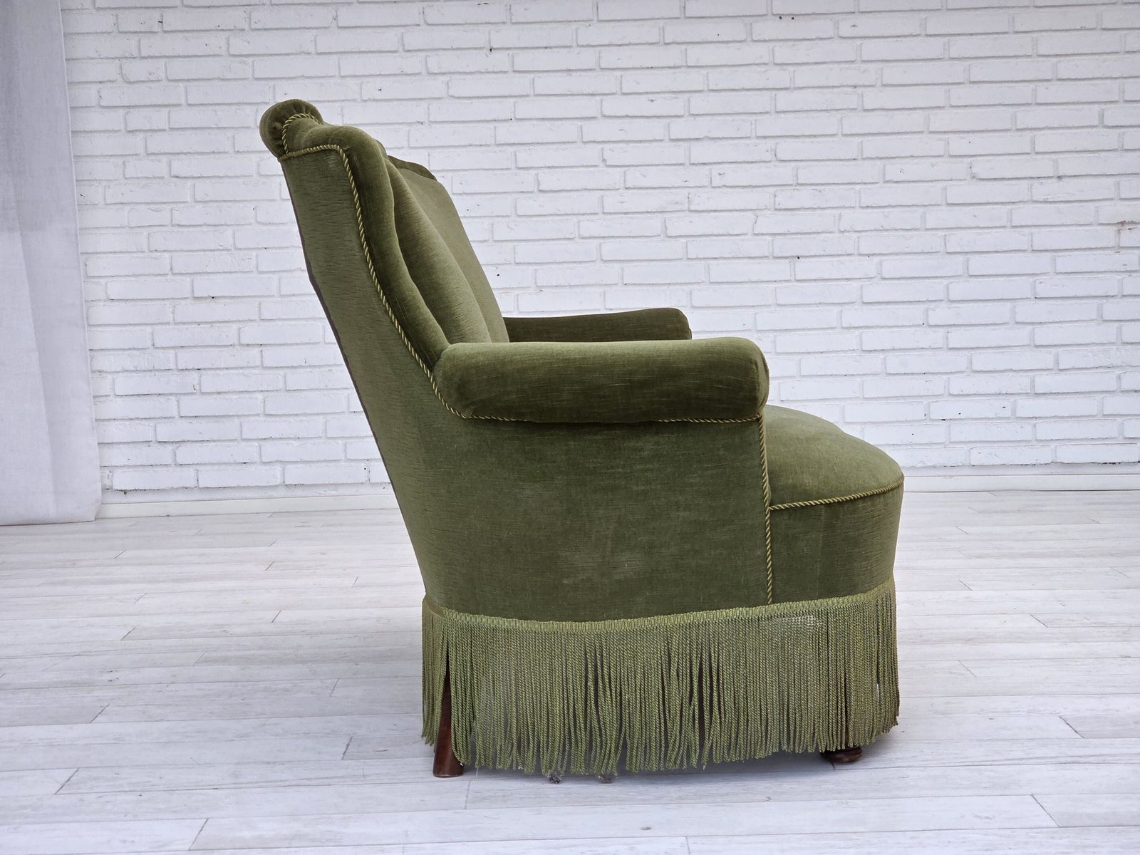 1960s, Danish 2 Seater Sofa, Original Green Furniture Velour, Beech Wood Legs. photo 1750.0