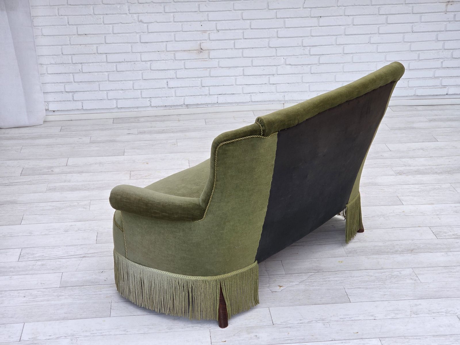 photo for sale 1960s, Danish 2 Seater Sofa, Original Green Furniture Velour, Beech Wood Legs.