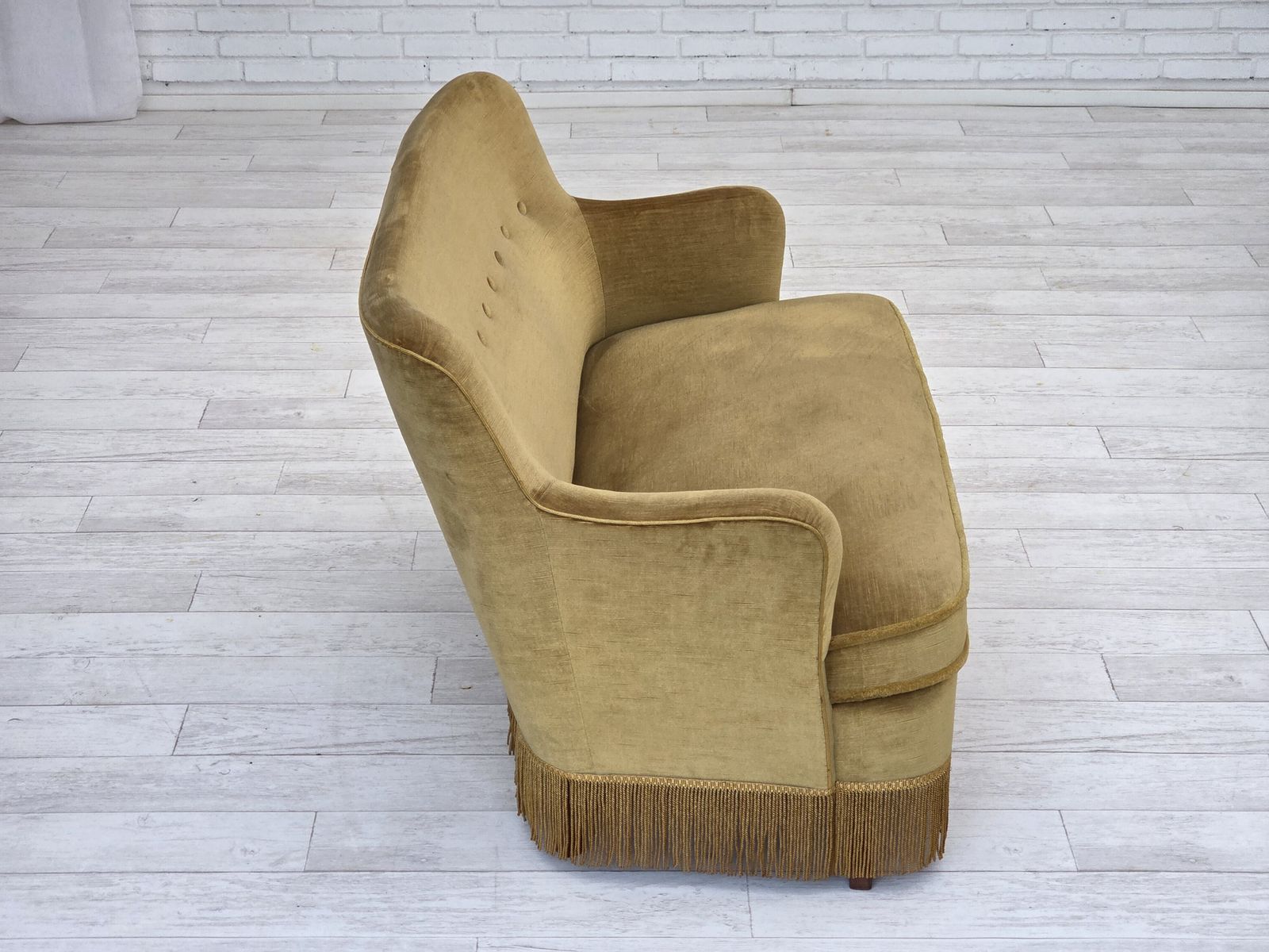 1970s, Danish 2 Seater Sofa, Original Light Green Furniture Velour, Beech Wood. photo Furniture