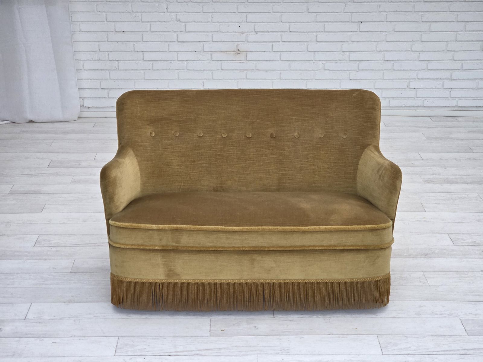 1970s, Danish 2 Seater Sofa, Original Light Green Furniture Velour, Beech Wood. photo vinterior