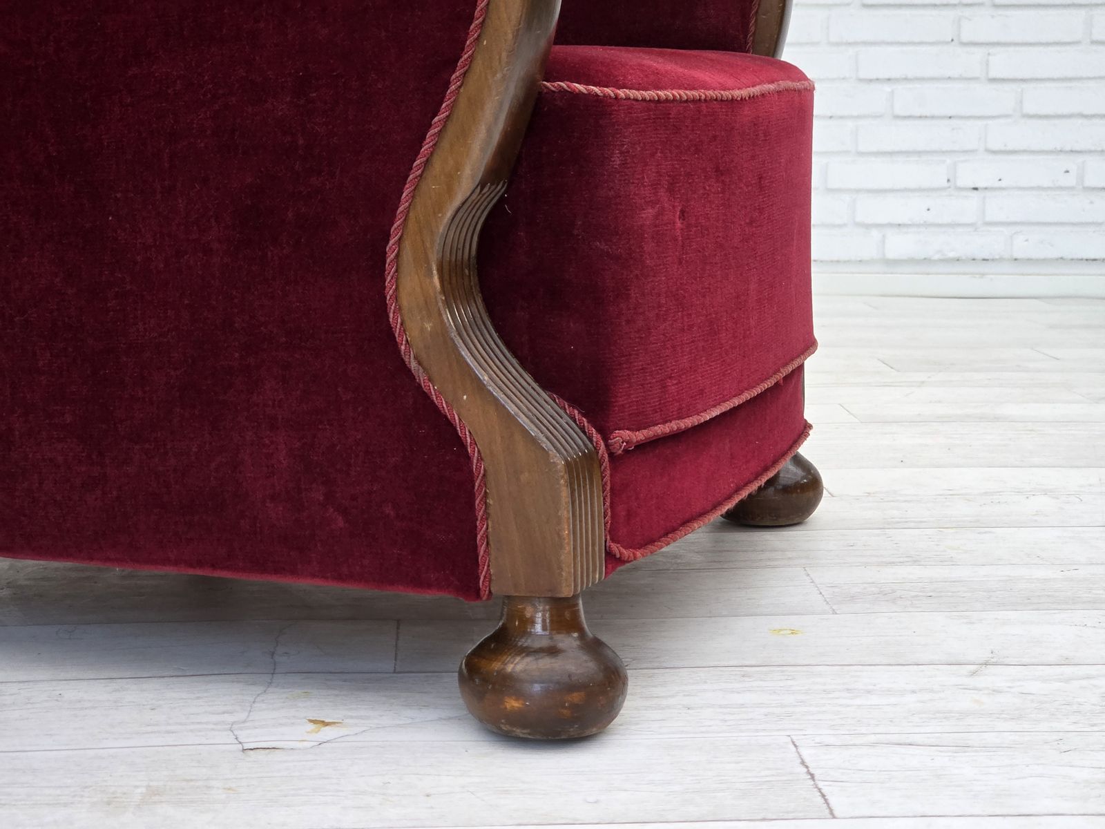 1950s, Danish Relax Armchair, Cherry Red Furniture Velour, Dark Beech Wood. photo vinterior