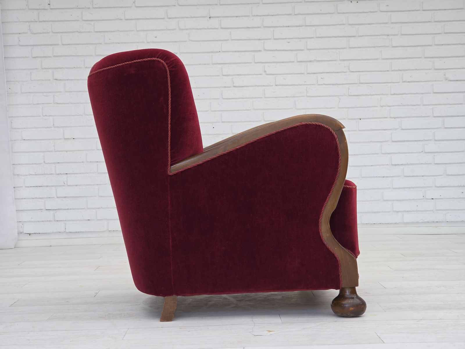 1350.0 1950s, Danish Relax Armchair, Cherry Red Furniture Velour, Dark Beech Wood. photo