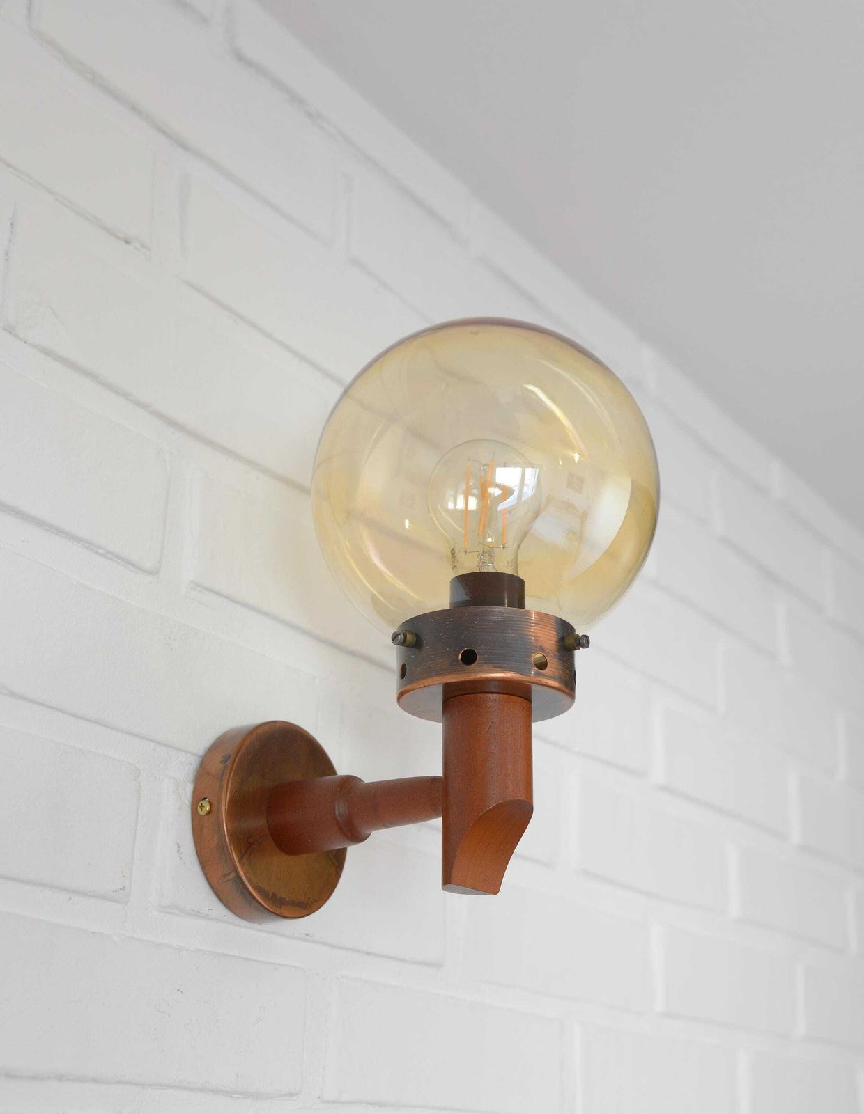 1 Of 6 / Vintage Wall Lamps / Light Fixtures / Rustic Sconces / Wood And Copper / Yugoslavia 1980's / Flush Mount Lights / Amber Glass photo 128.0