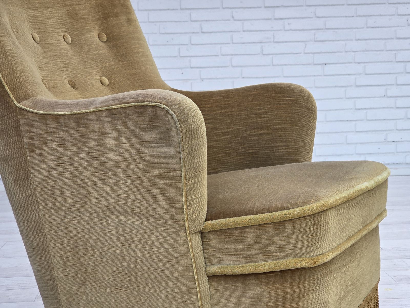 1970s, Danish Highback Armchair, Original Light Green Furniture Velour, Beech Wood. photo vinterior