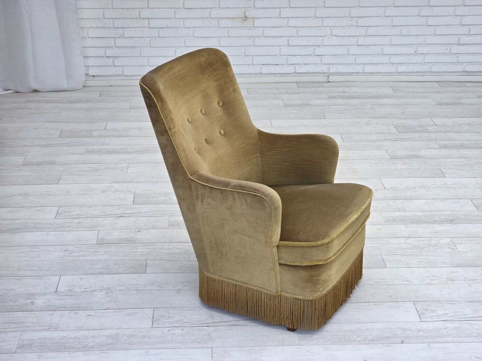 photo furniture 1970s, Danish Highback Armchair, Original Light Green Furniture Velour, Beech Wood.