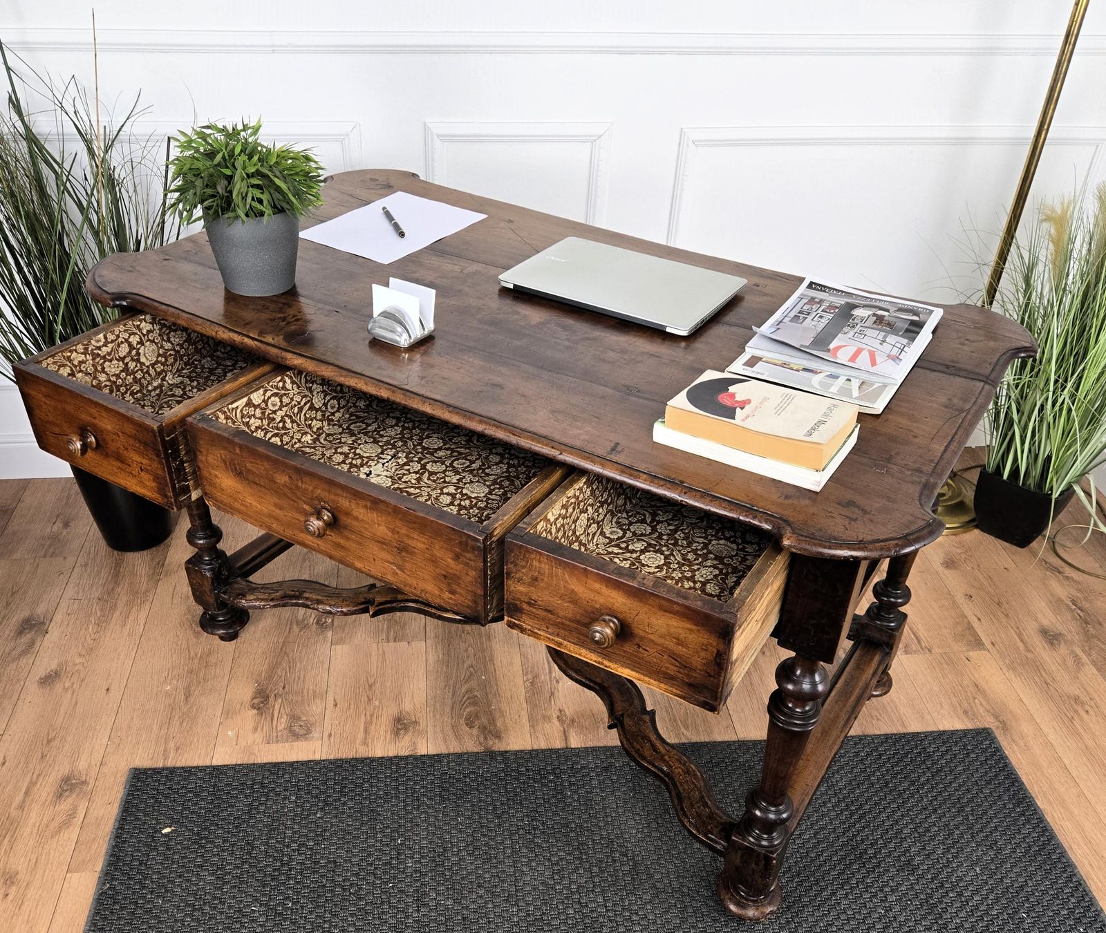 Antique Italian Carved Walnut Wood Table Console Desk photo vintage