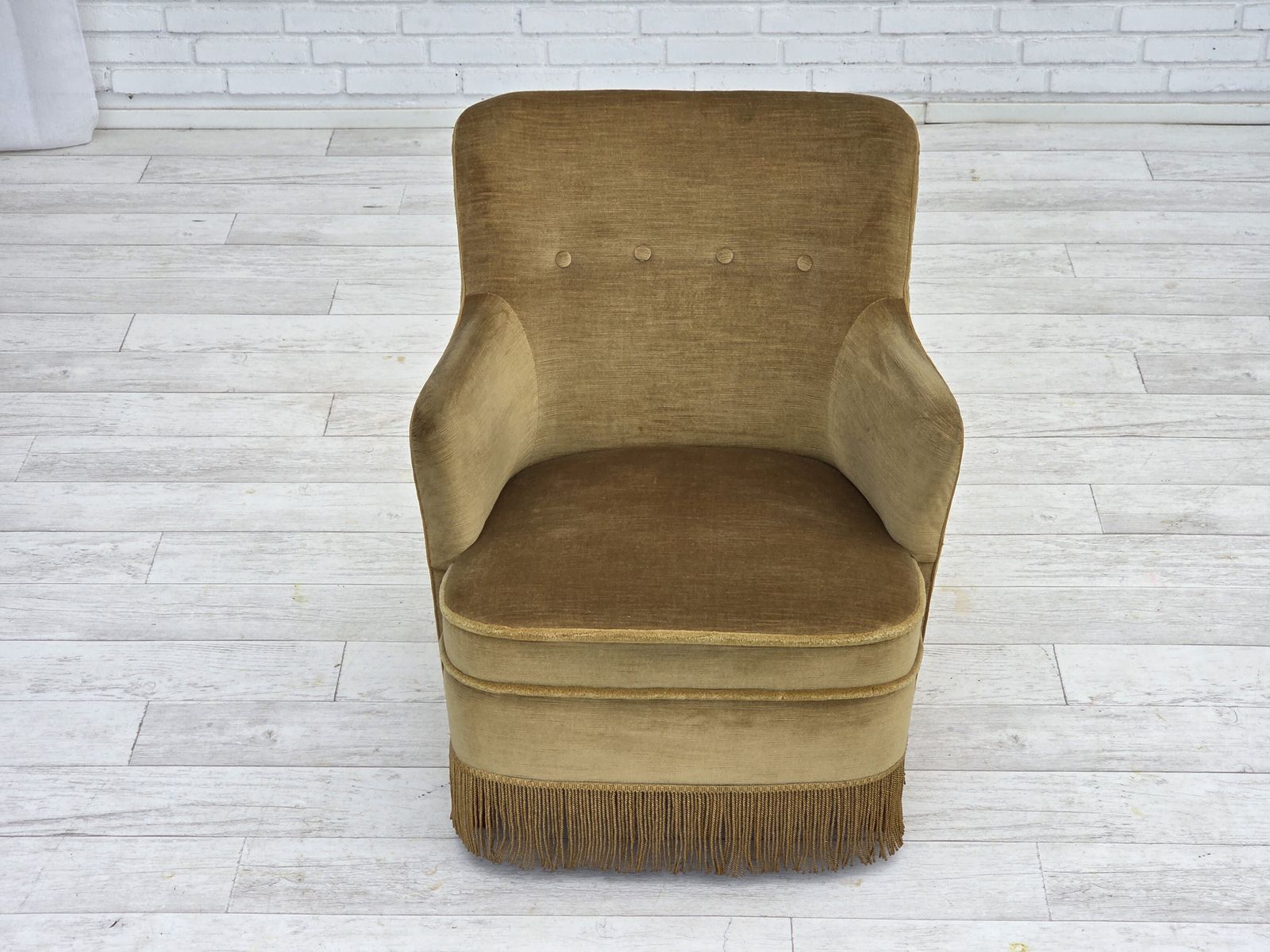 photo for sale 1970s, Danish Lounge Chair, Original Light Green Furniture Velour, Beech Wood.