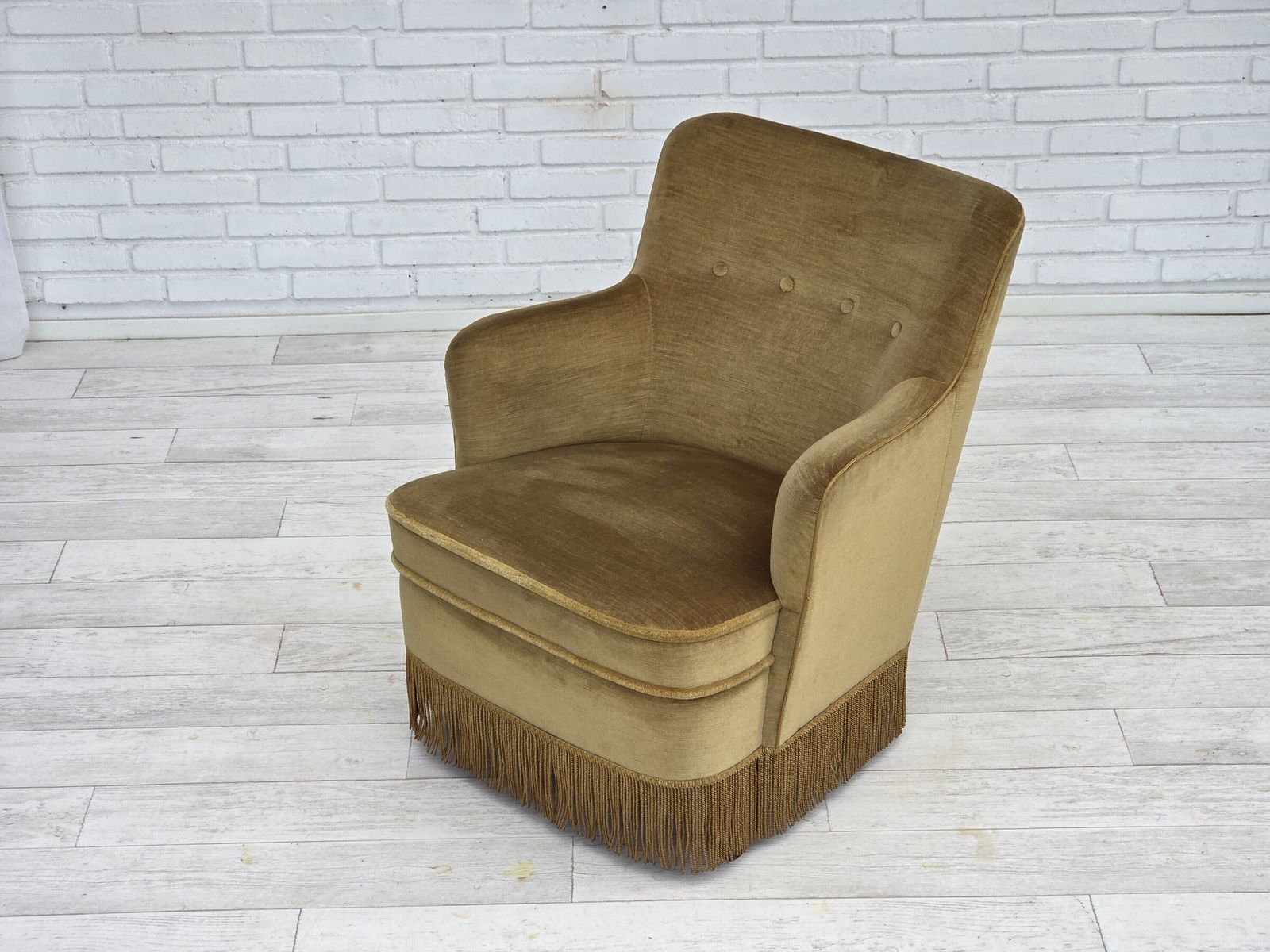 Furniture 1970s, Danish Lounge Chair, Original Light Green Furniture Velour, Beech Wood. photo