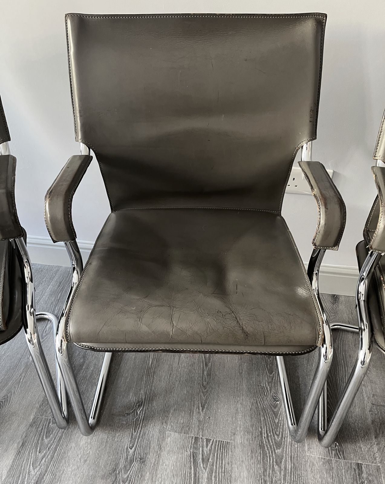 Set Of 6 Iconic Uno Chairs In Hand Stitched Heavy Grey Leather On Tubular Chrome Metal Cantilevered Frames. photo Furniture