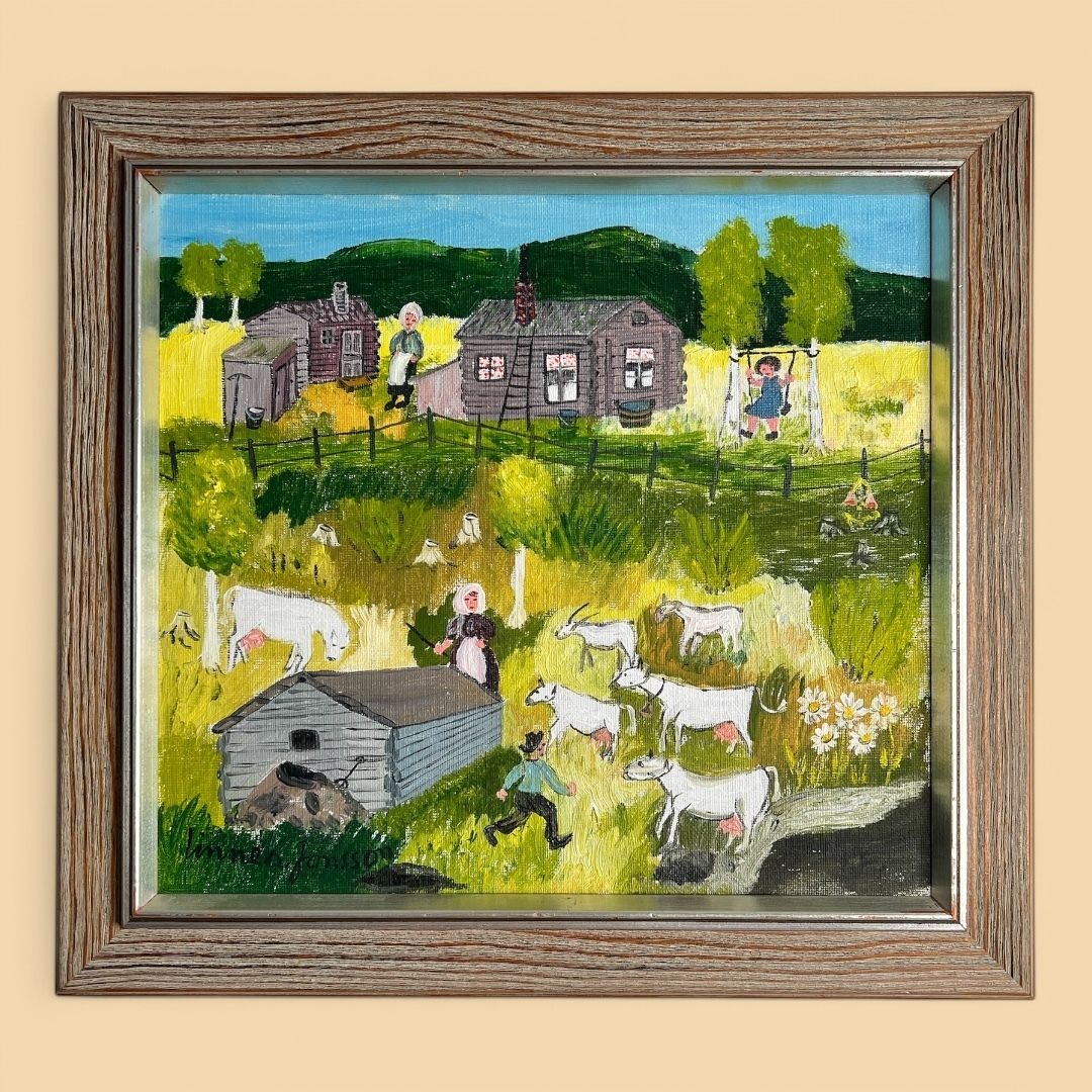 Farm In The Naïve Style, Oil On Canvas Landscape Painting