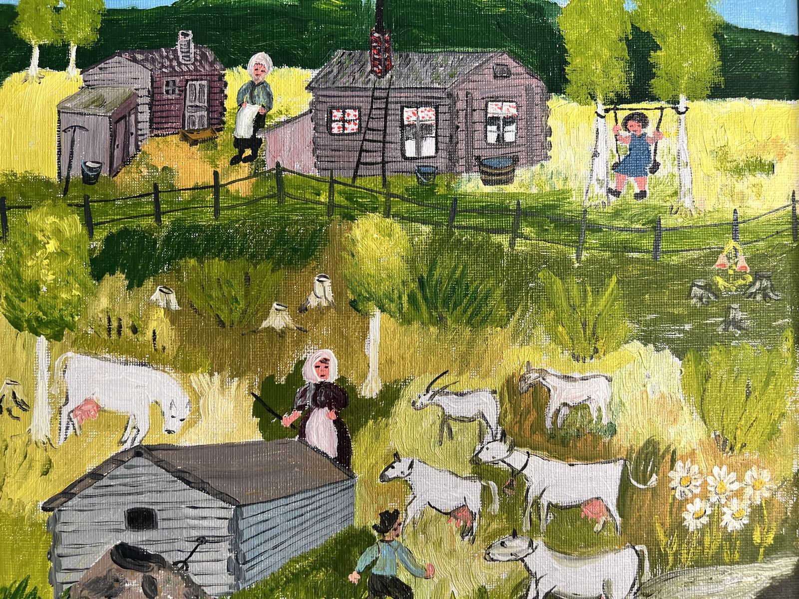 Farm In The Naïve Style, Oil On Canvas Landscape Painting photo 339.0