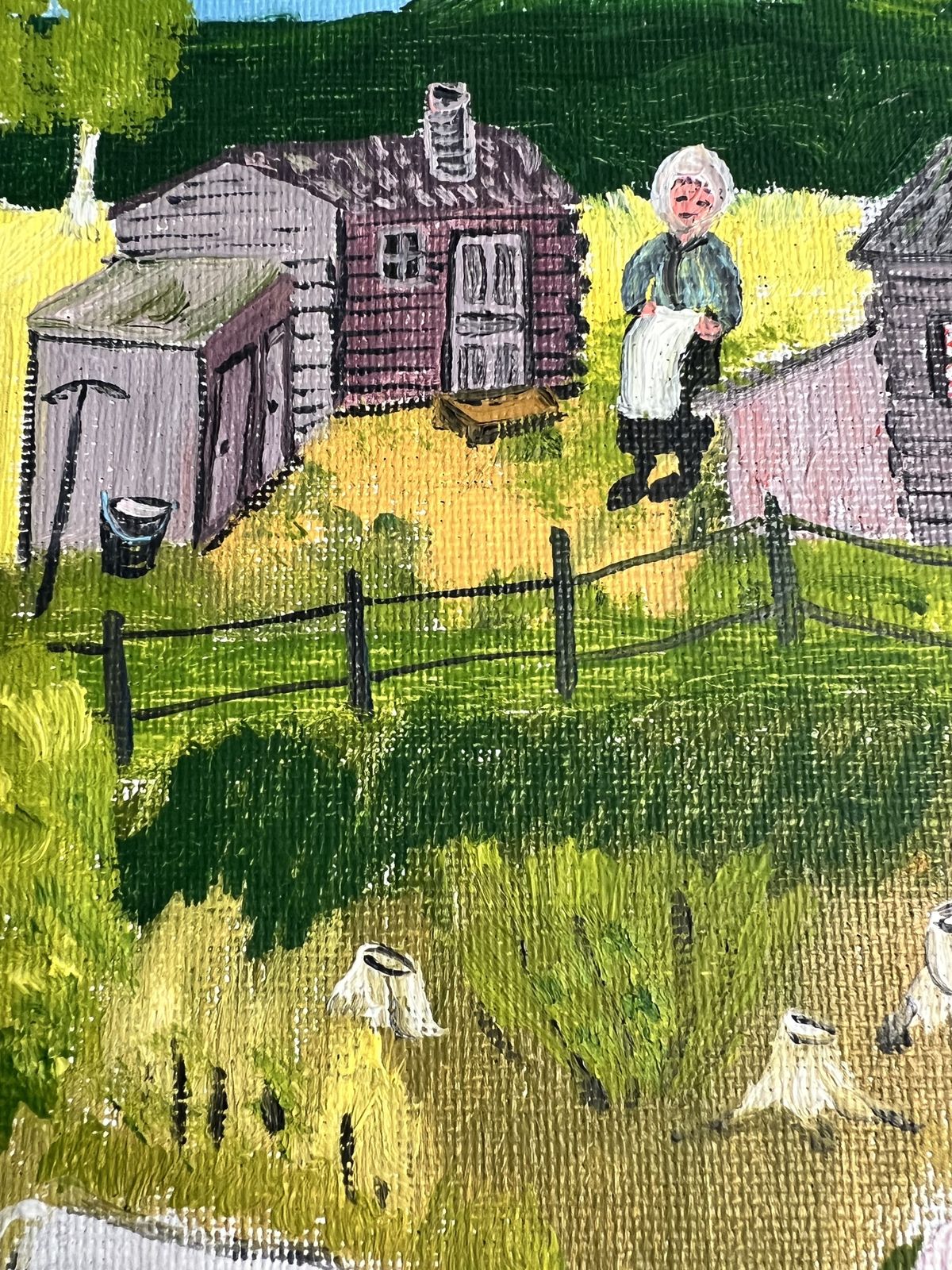 Farm In The Naïve Style, Oil On Canvas Landscape Painting photo vintage
