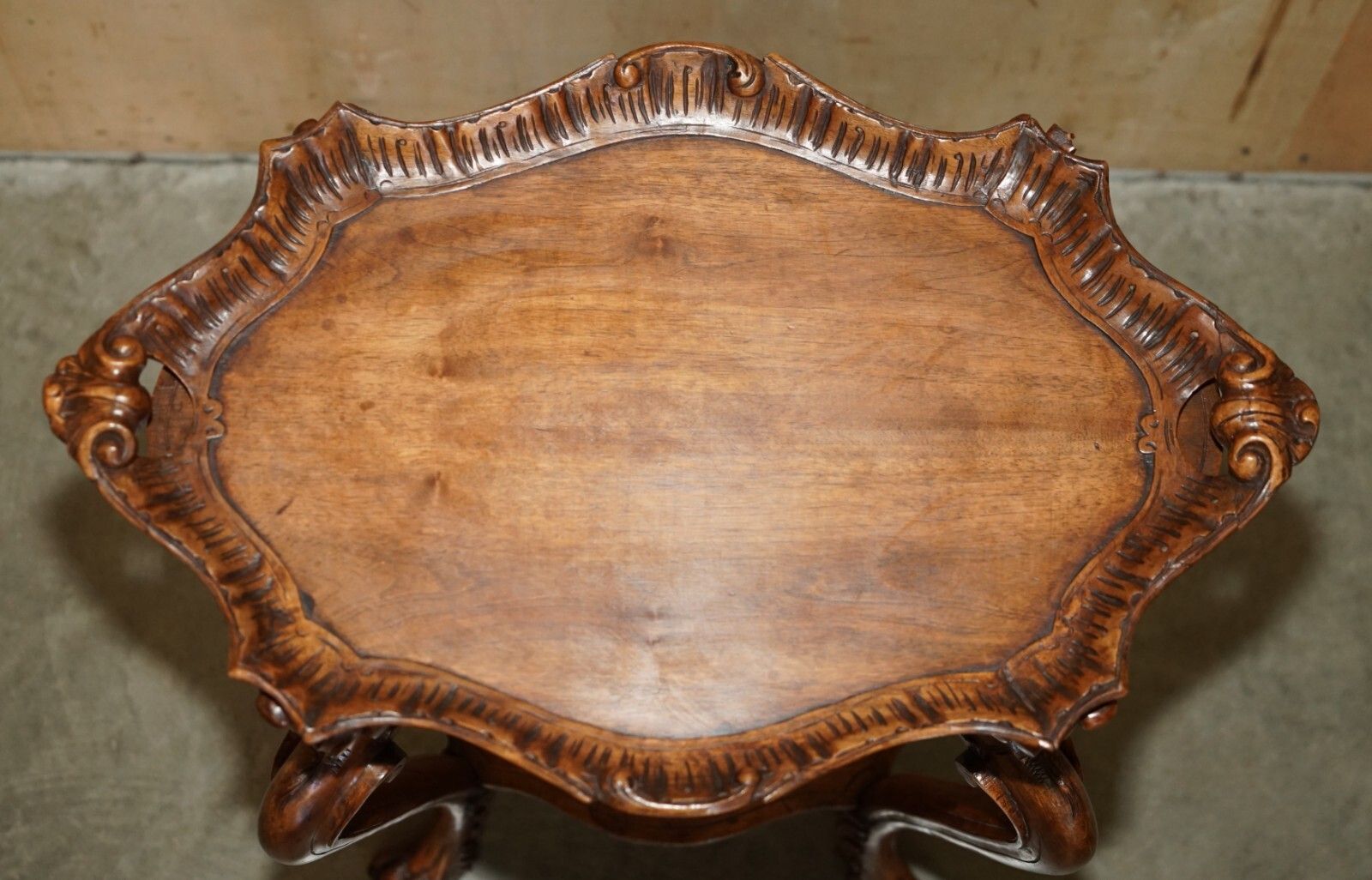Antique French Hand Carved Tea Silver Tray Table With Removable Serving Tray Top photo vinterior