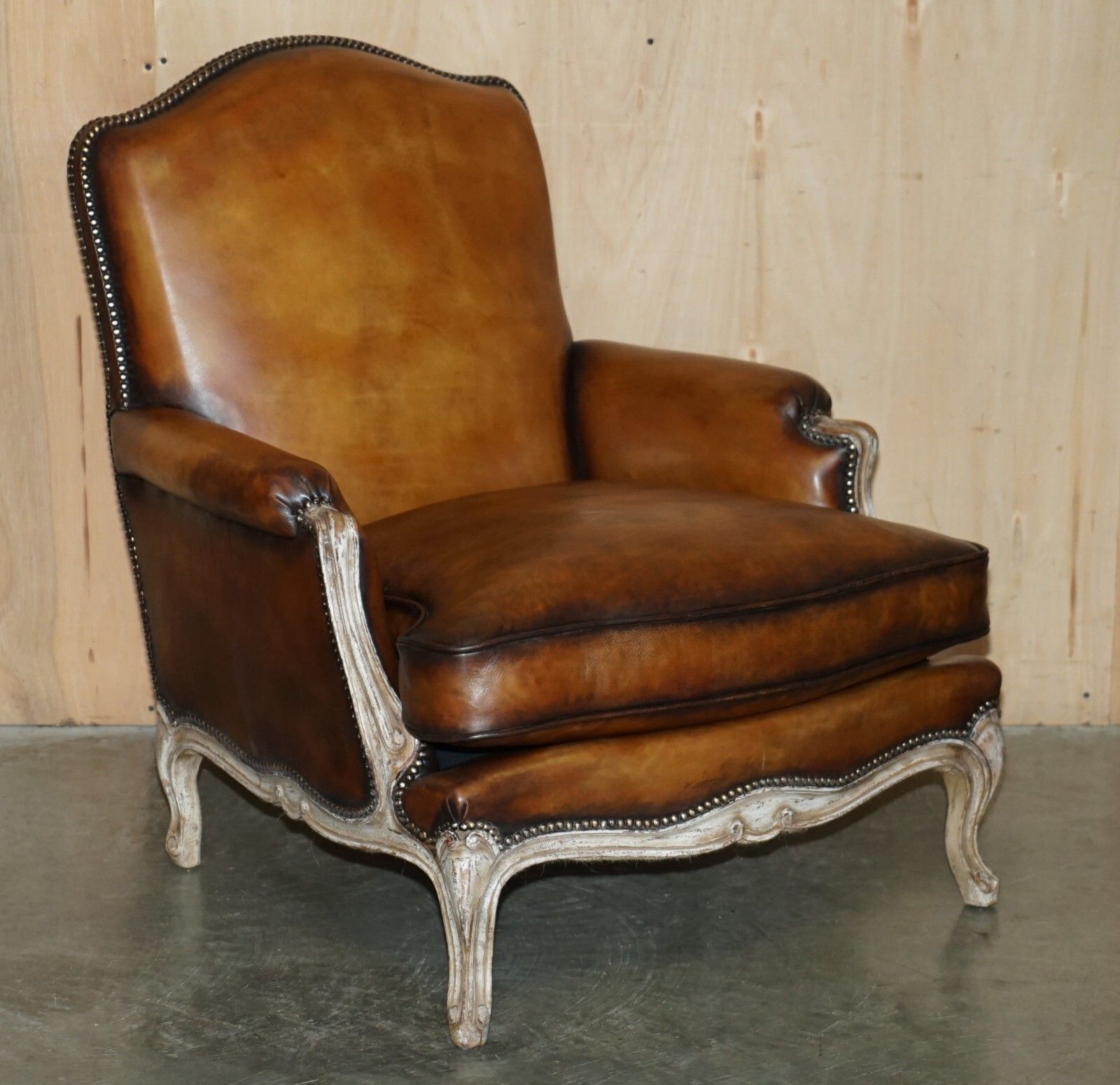Restored Pair Of Antique Original Paint Brown Leather French Louis XV Armchairs photo furniture
