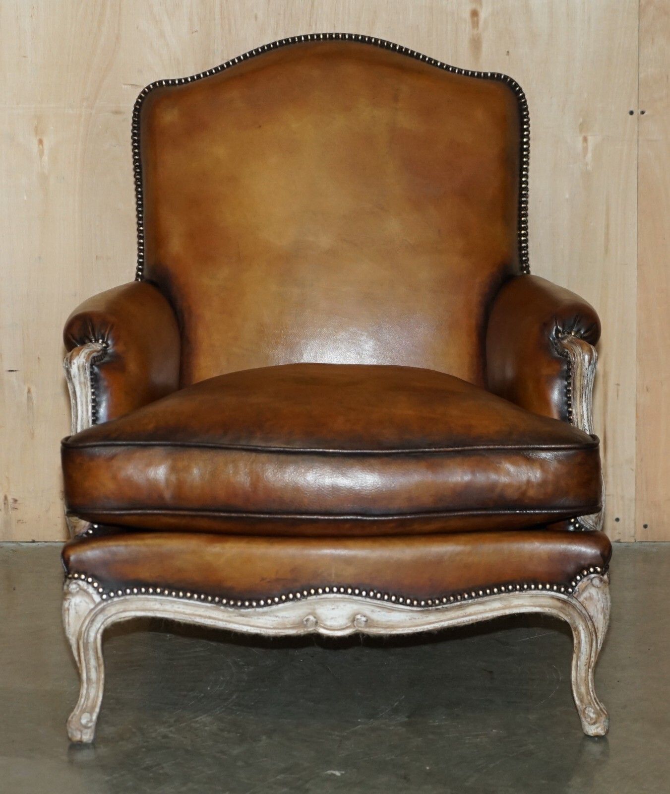 Restored Pair Of Antique Original Paint Brown Leather French Louis XV Armchairs photo for sale