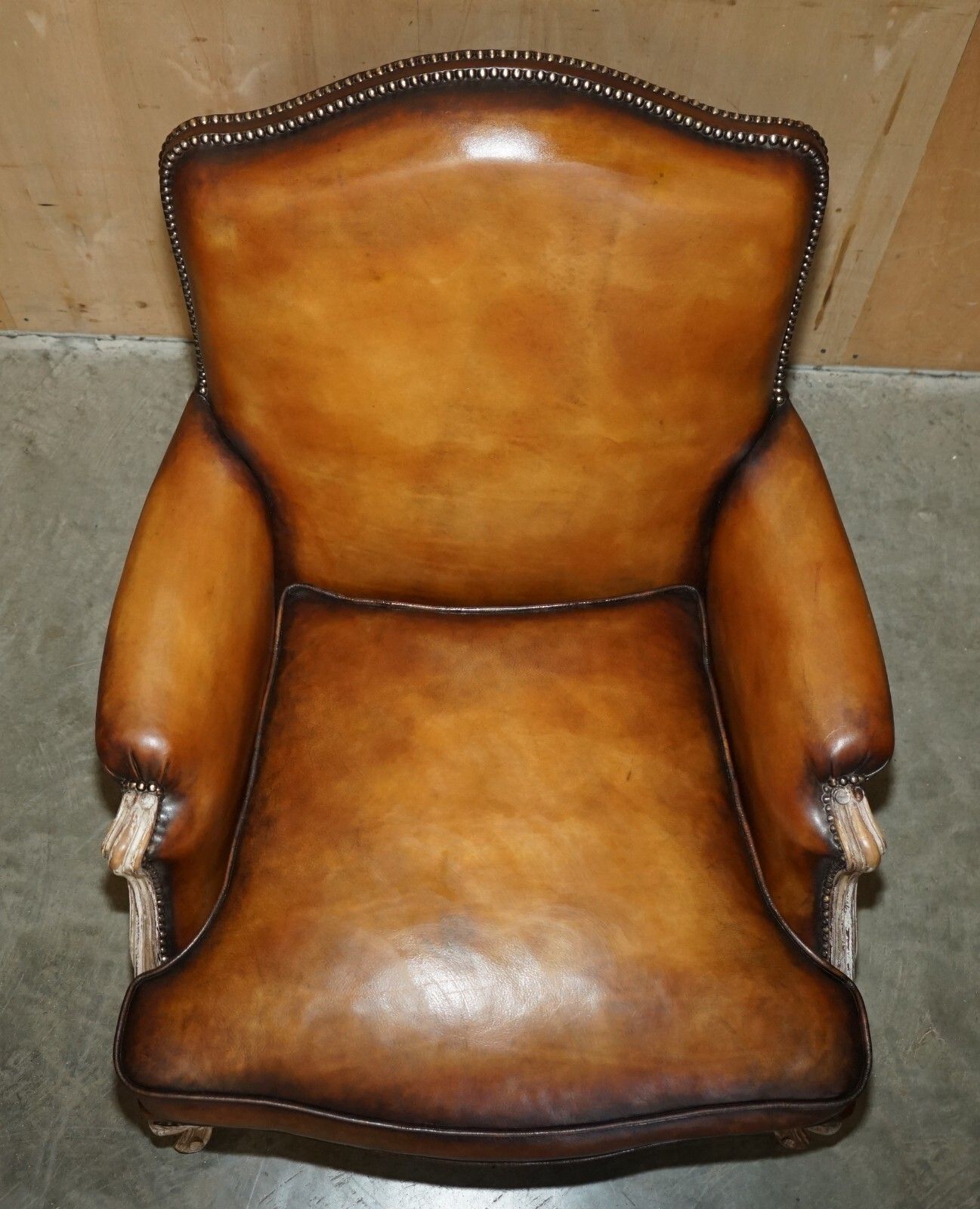 Restored Pair Of Antique Original Paint Brown Leather French Louis XV Armchairs photo 6950.0