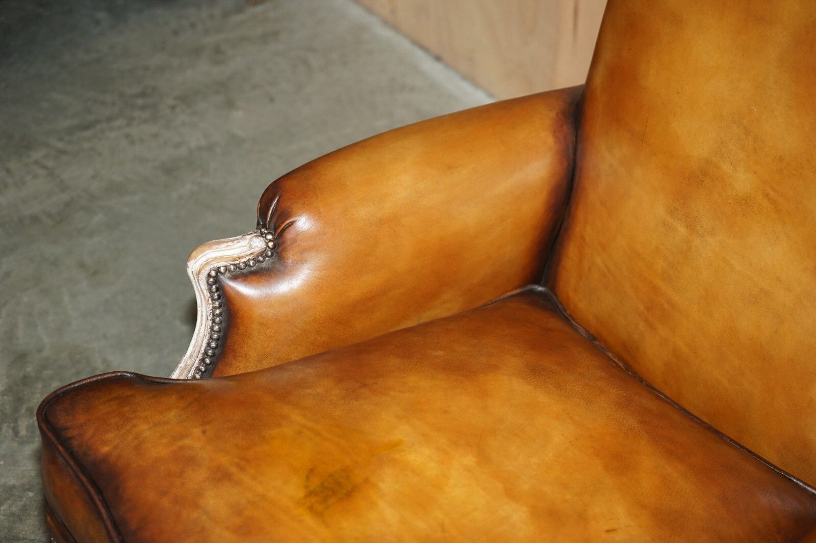 Restored Pair Of Antique Original Paint Brown Leather French Louis XV Armchairs photo vinterior
