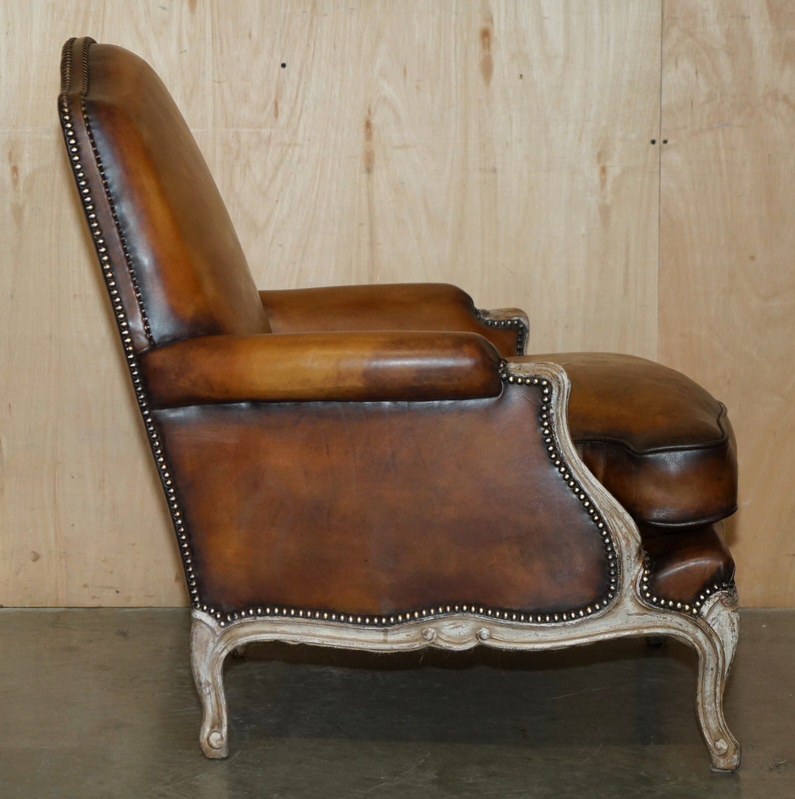 6950.0 Restored Pair Of Antique Original Paint Brown Leather French Louis XV Armchairs photo