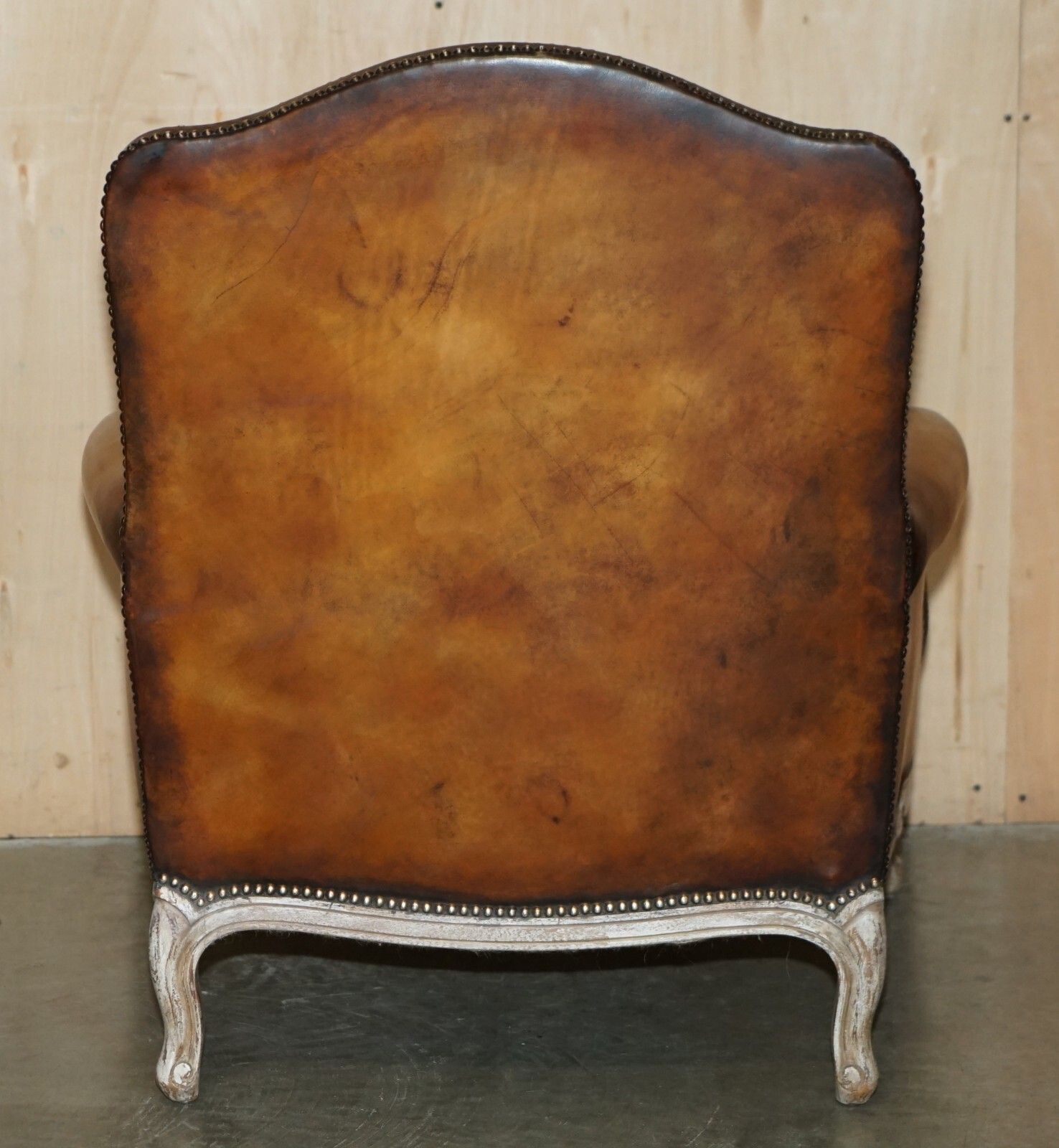 photo buy Restored Pair Of Antique Original Paint Brown Leather French Louis XV Armchairs