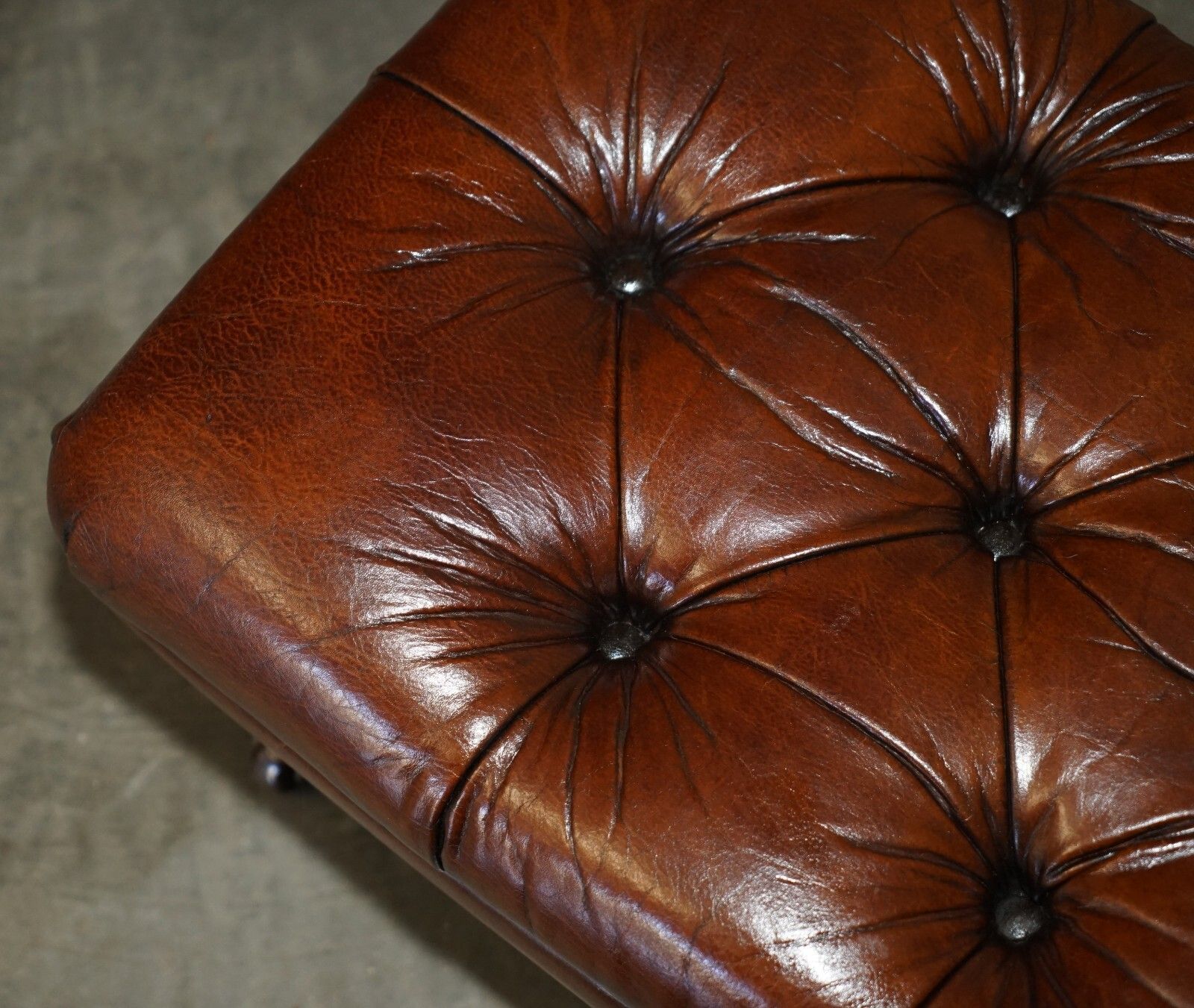 Pair Of Restored Brown Leather Chesterfield Tufted Porcelain Castors Footstools photo 2950.0