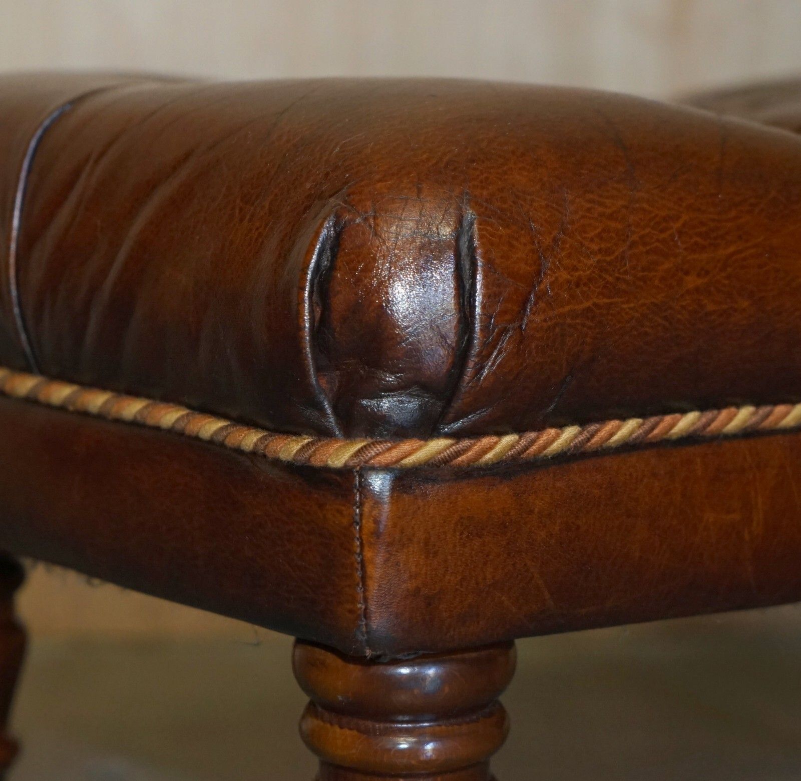 Pair Of Restored Brown Leather Chesterfield Tufted Porcelain Castors Footstools photo vintage