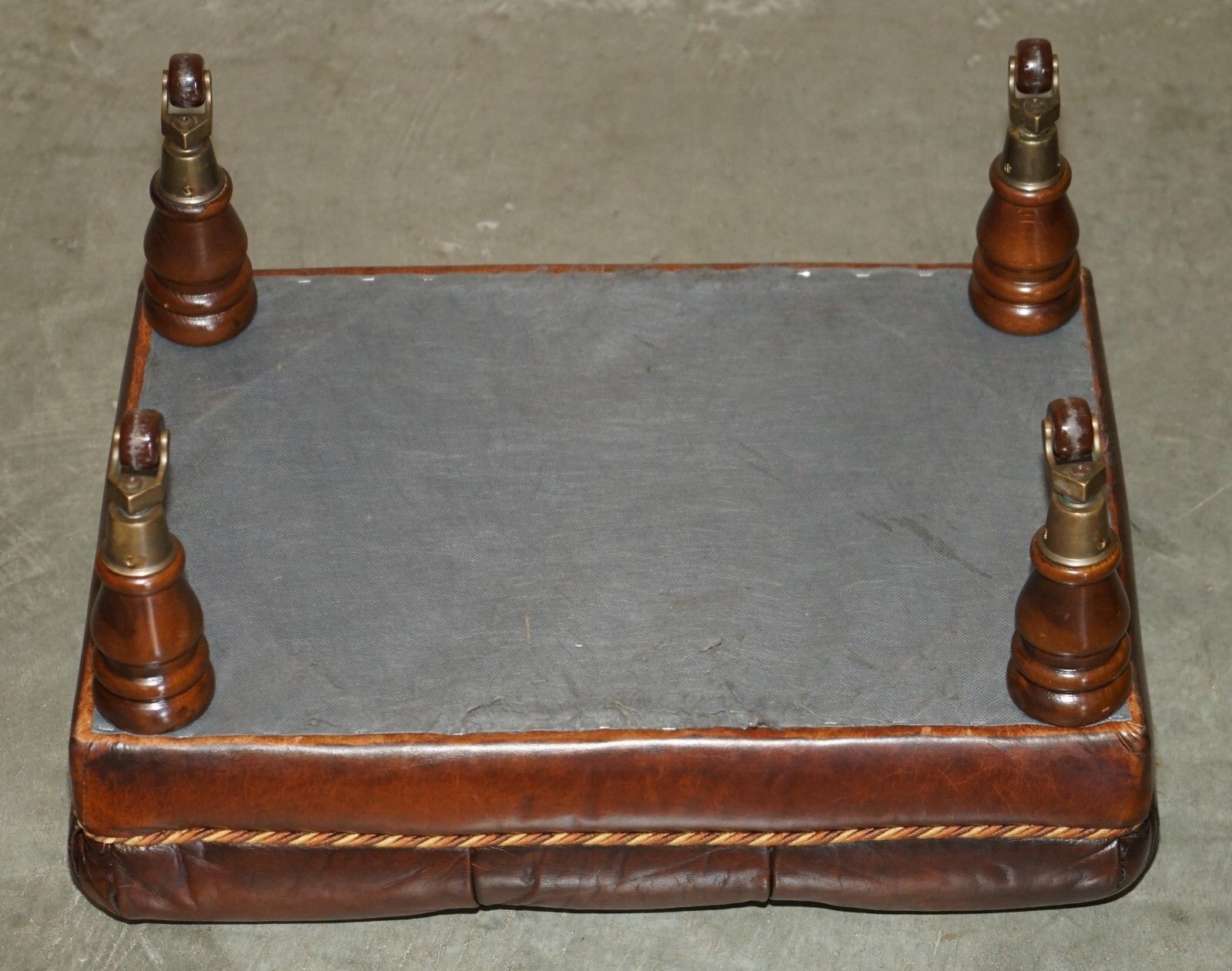 Furniture Pair Of Restored Brown Leather Chesterfield Tufted Porcelain Castors Footstools photo