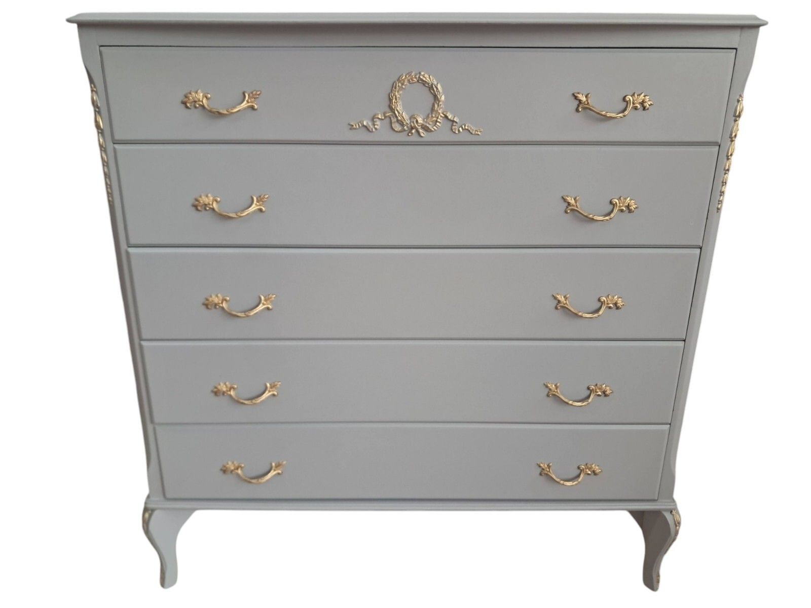 photo vinterior French Louis XV Chest Of Drawers Grey Gold Painted Refinished 1970