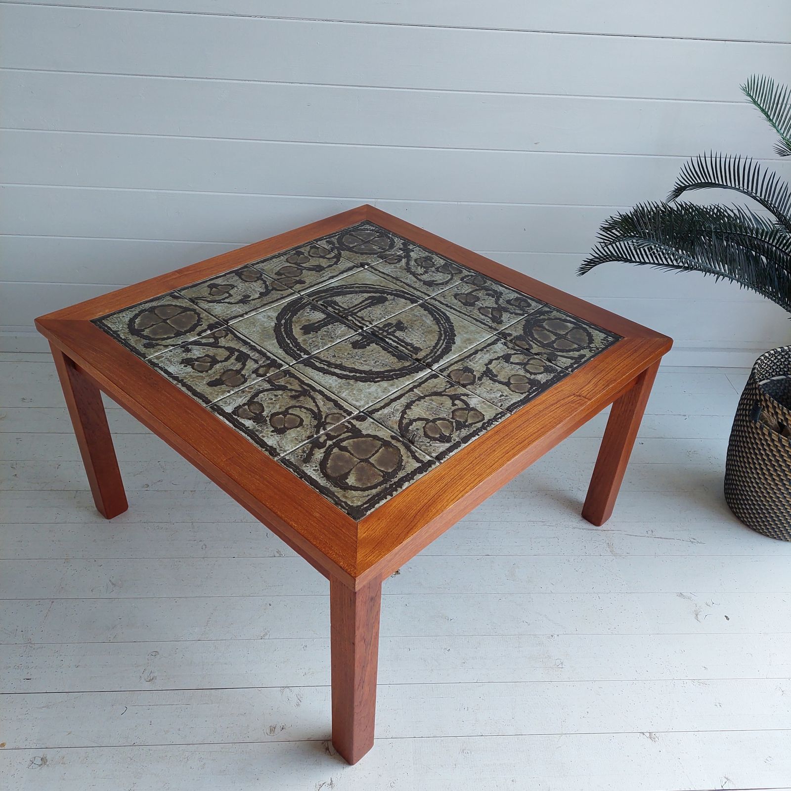 Mid Century Danish Ceramic And Teak Coffee Table By Ox Art For Trioh, 1970s