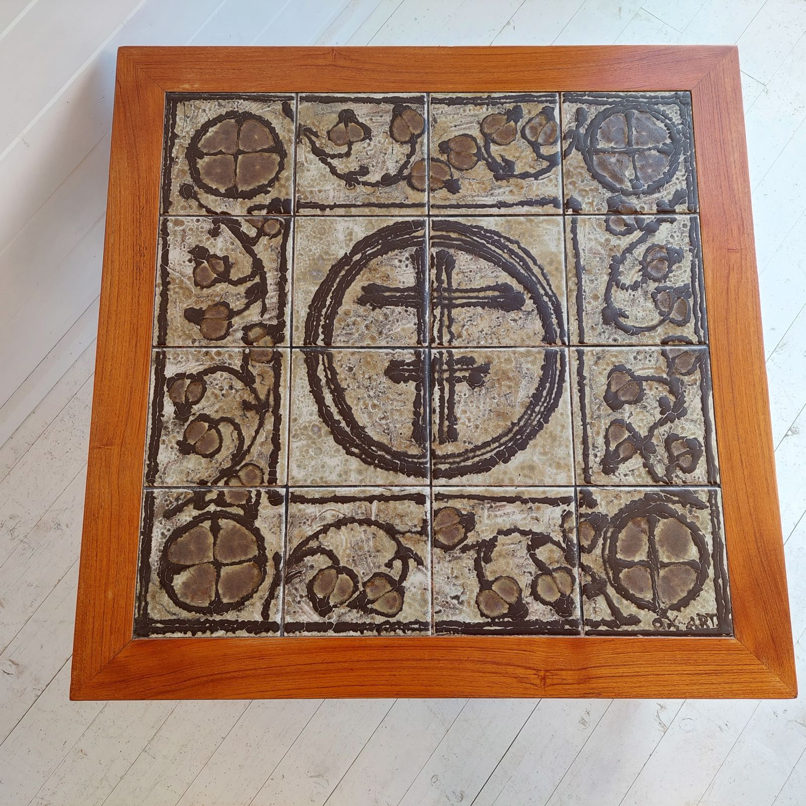 Mid Century Danish Ceramic And Teak Coffee Table By Ox Art For Trioh, 1970s photo furniture