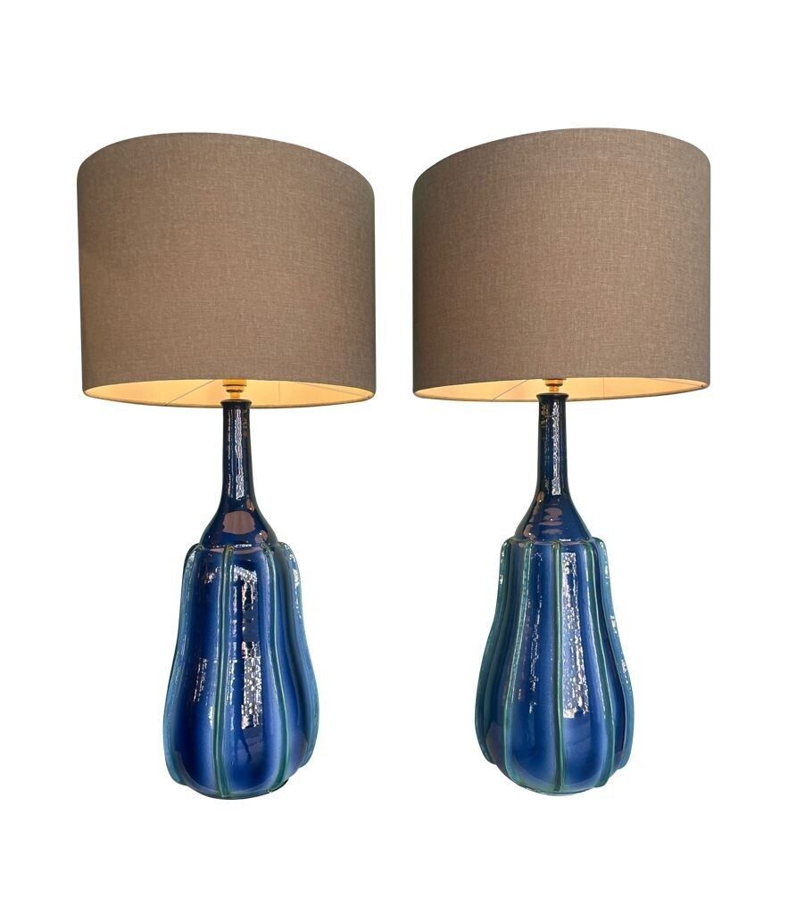 A Stunning Large Pair Of 1980s Italian Blue And Green Ceramic Lamps With Bespoke Linen Shades photo 1650.0