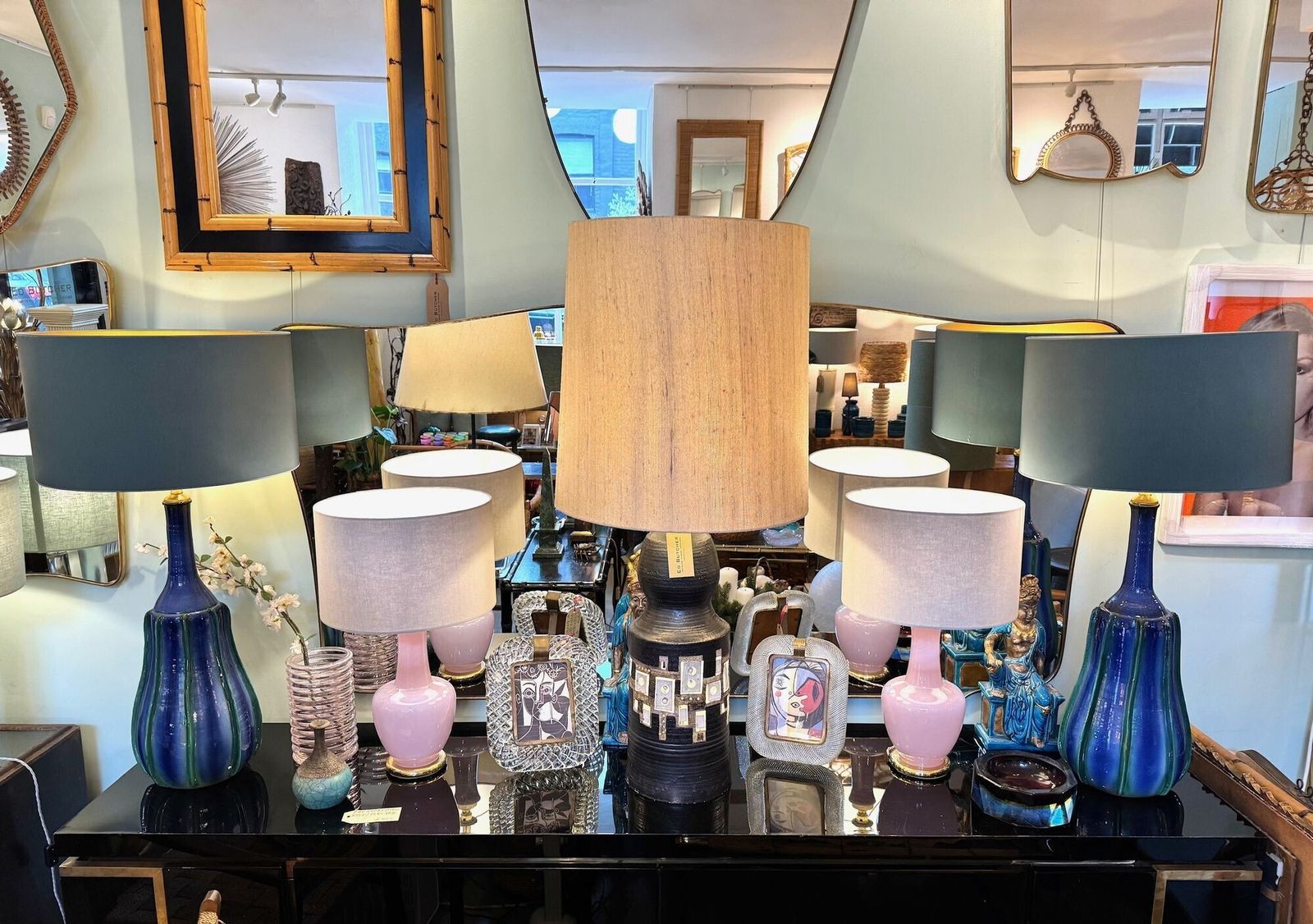 photo for sale A Stunning Large Pair Of 1980s Italian Blue And Green Ceramic Lamps With Bespoke Linen Shades