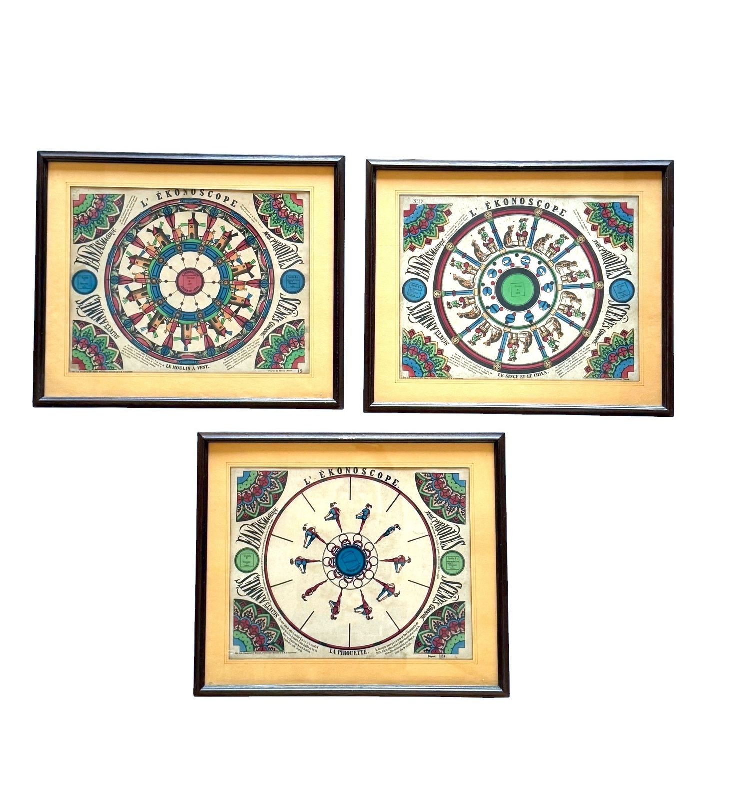 L'ekonoscope, Set Of 3 Framed Original Phenakistoscopes, France Epinal, XIX Cent. photo vinterior